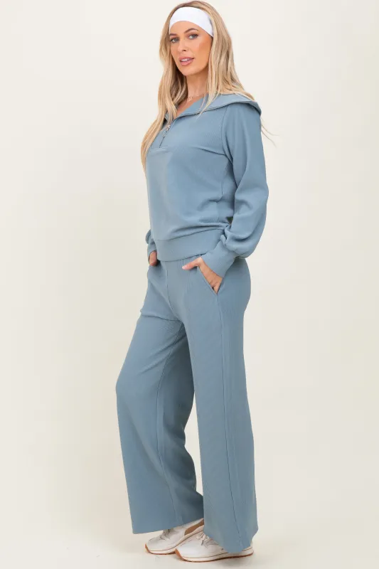 Light Blue RIbbed Half Zip Pullover Wide Leg Pant Set sold by Pinkblush