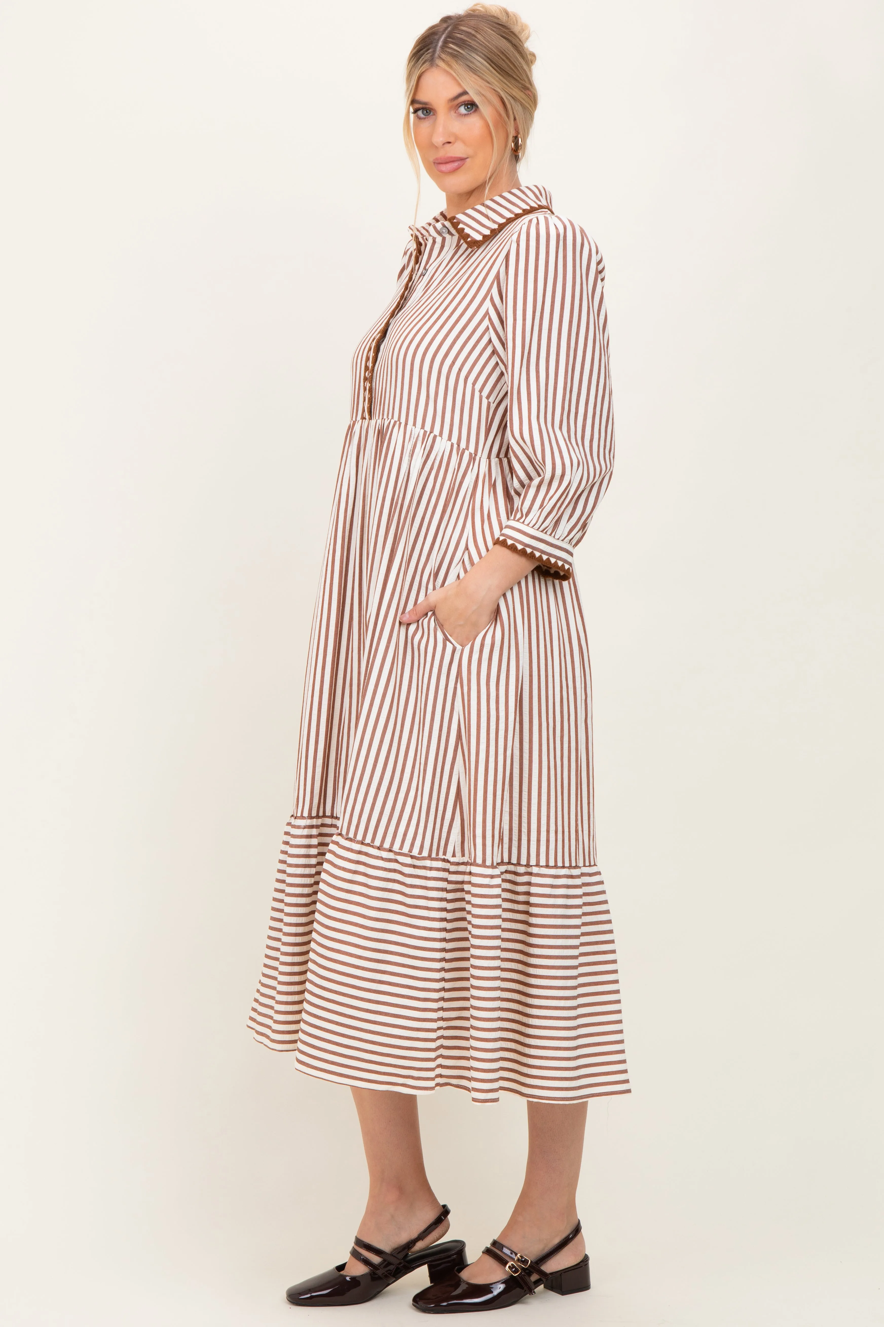 Mocha Striped Scallop Trim 3/4 Sleeve Midi Dress sold by Pinkblush product image thumbnail 2
