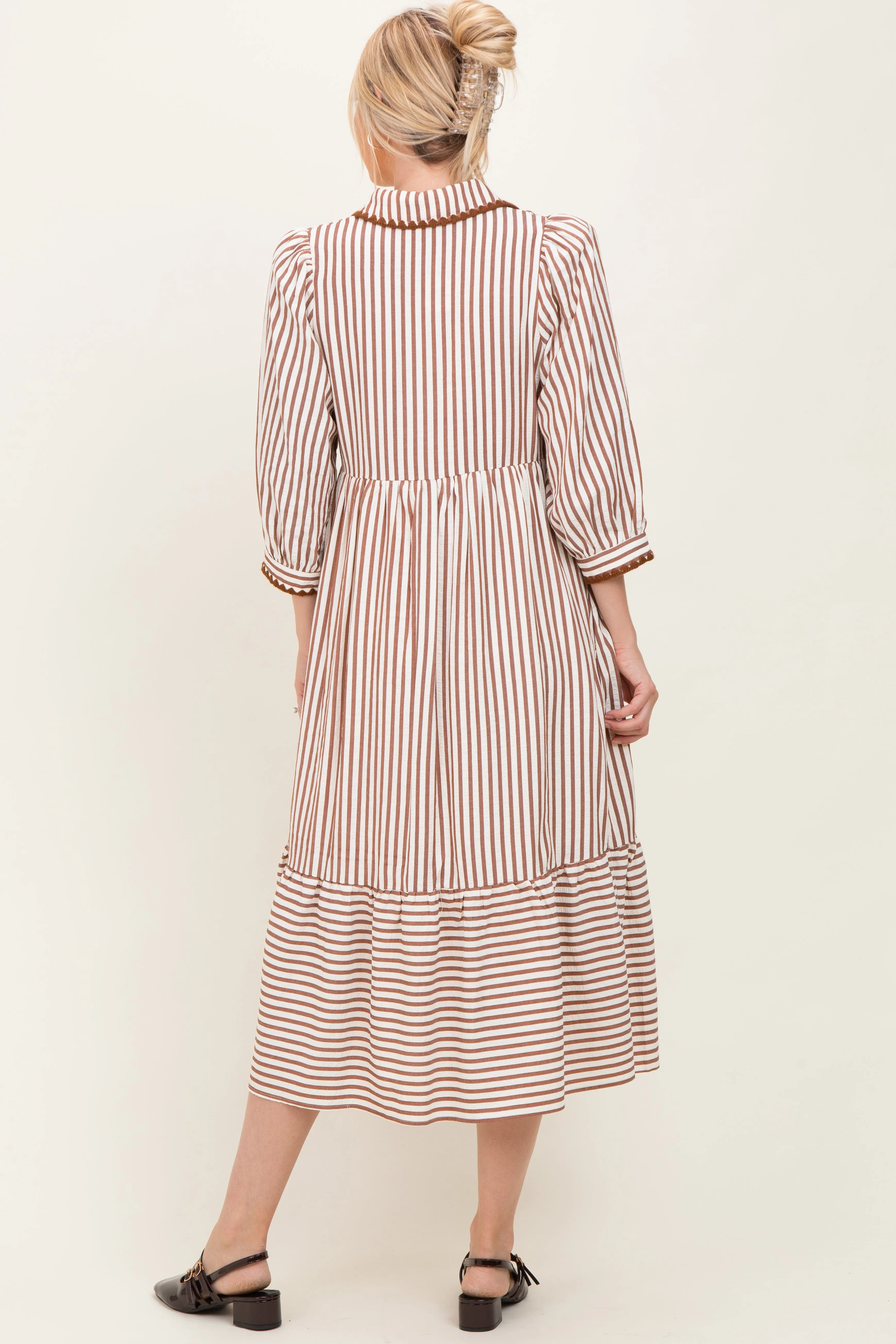 Mocha Striped Scallop Trim 3/4 Sleeve Midi Dress sold by Pinkblush product image thumbnail 3