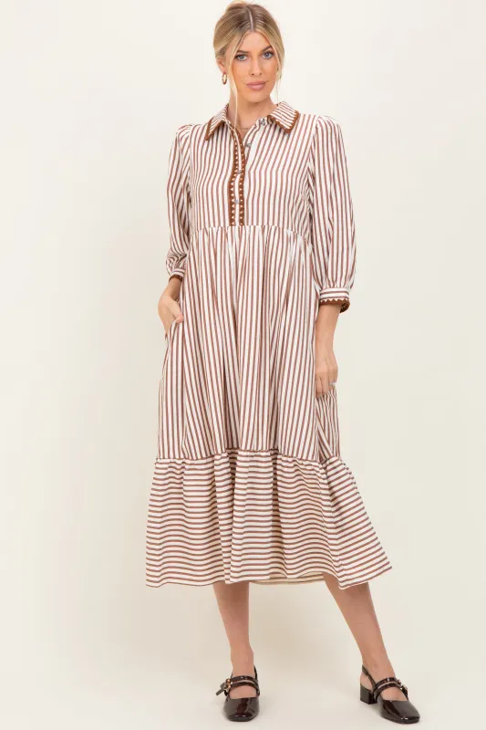 Mocha Striped Scallop Trim 3/4 Sleeve Midi Dress sold by Pinkblush