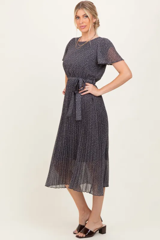 Grey Leaf Print Pleated Midi Dress sold by Pinkblush