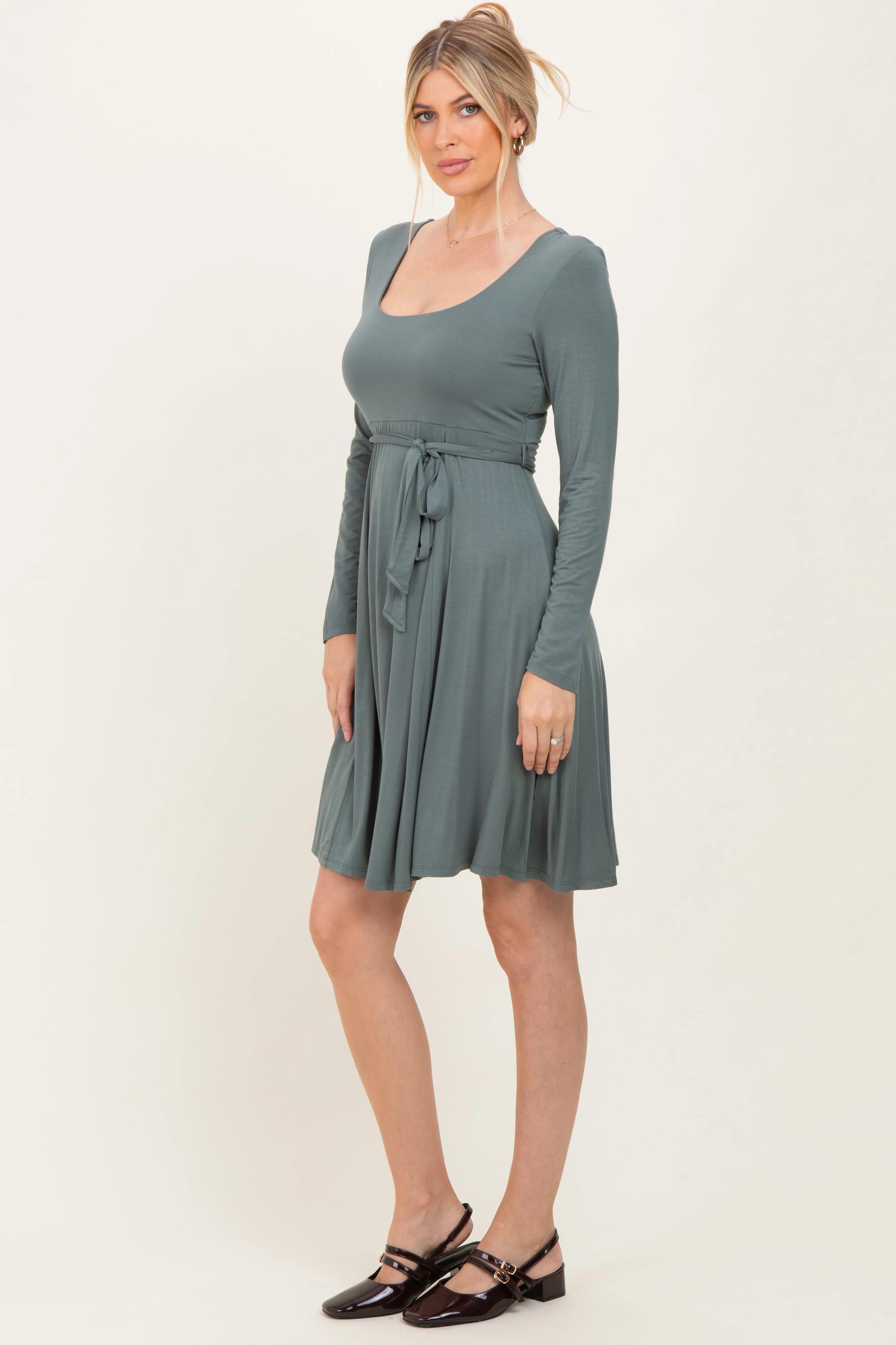 Olive Scoop Neck Long Sleeve Waist Tie Dress sold by Pinkblush product image thumbnail 3