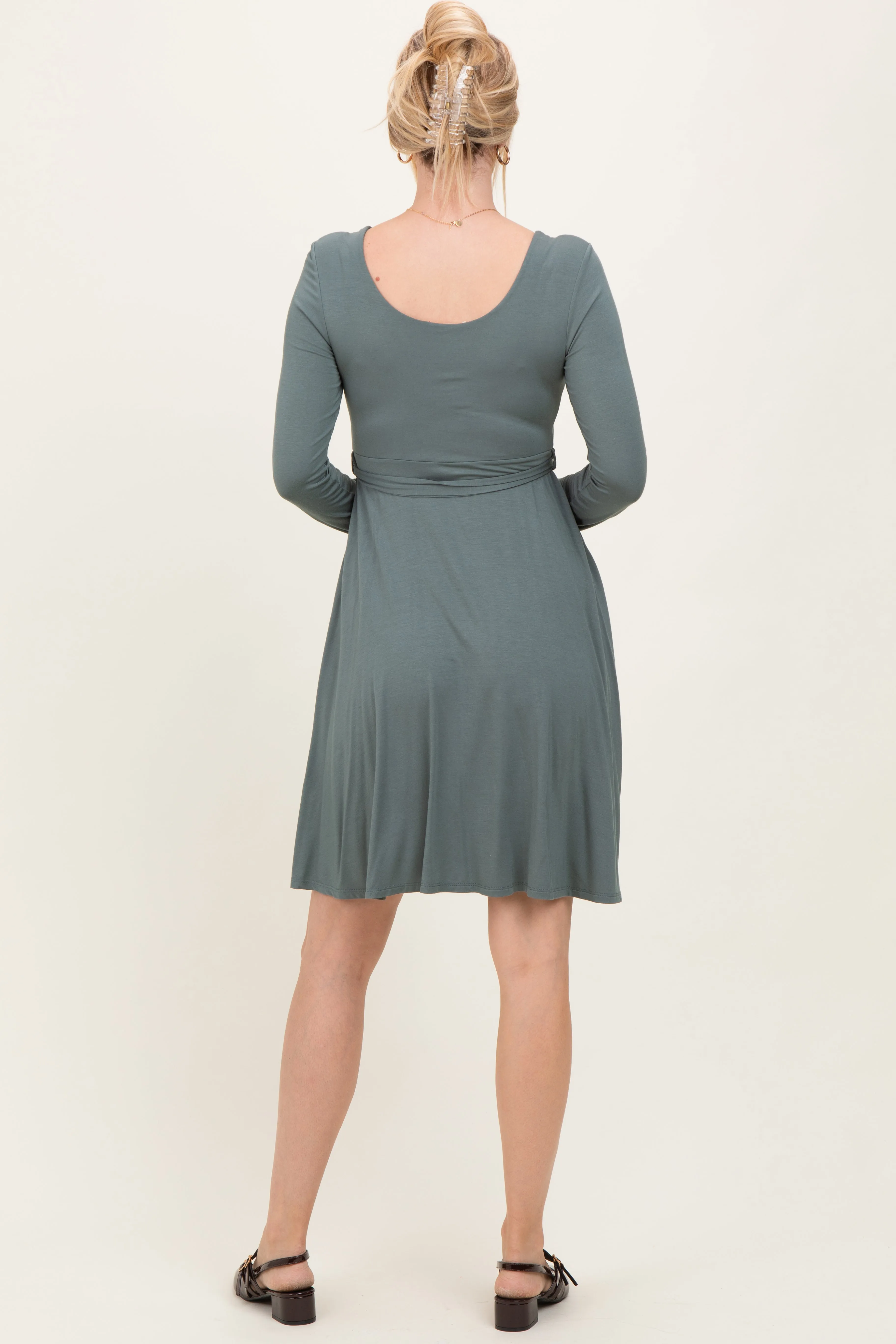 Olive Scoop Neck Long Sleeve Waist Tie Dress sold by Pinkblush product image thumbnail 4