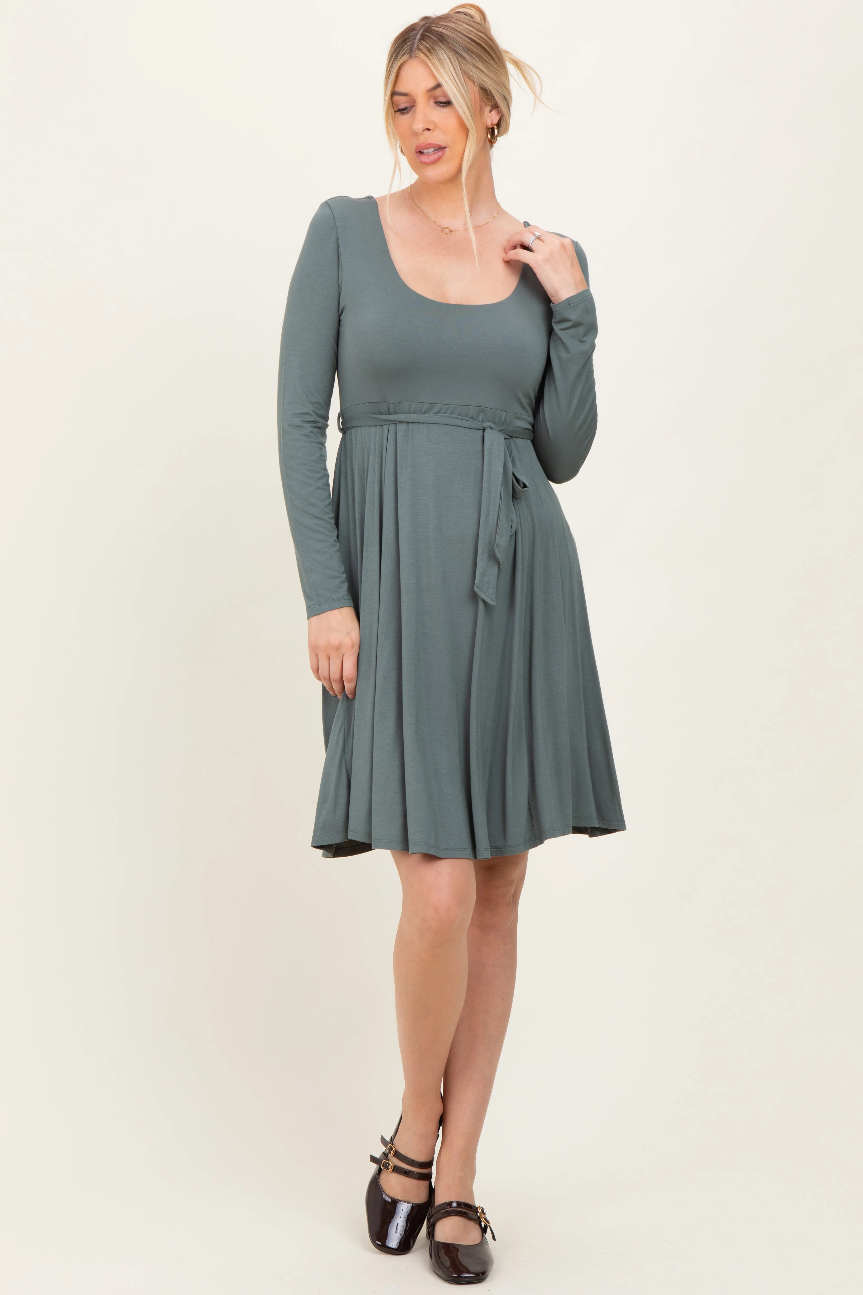 Olive Scoop Neck Long Sleeve Waist Tie Dress sold by Pinkblush