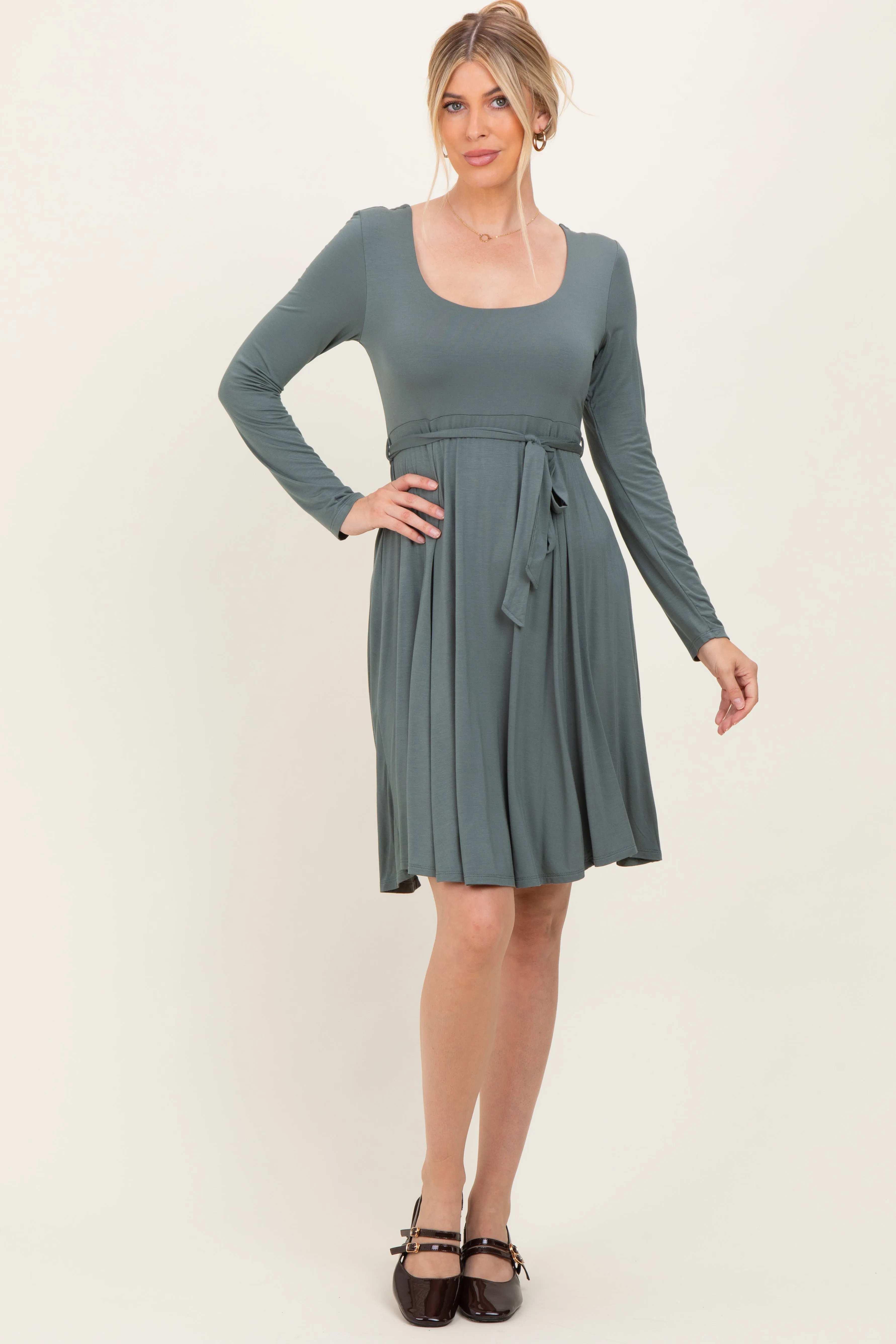 Olive Scoop Neck Long Sleeve Waist Tie Dress sold by Pinkblush product image thumbnail 2