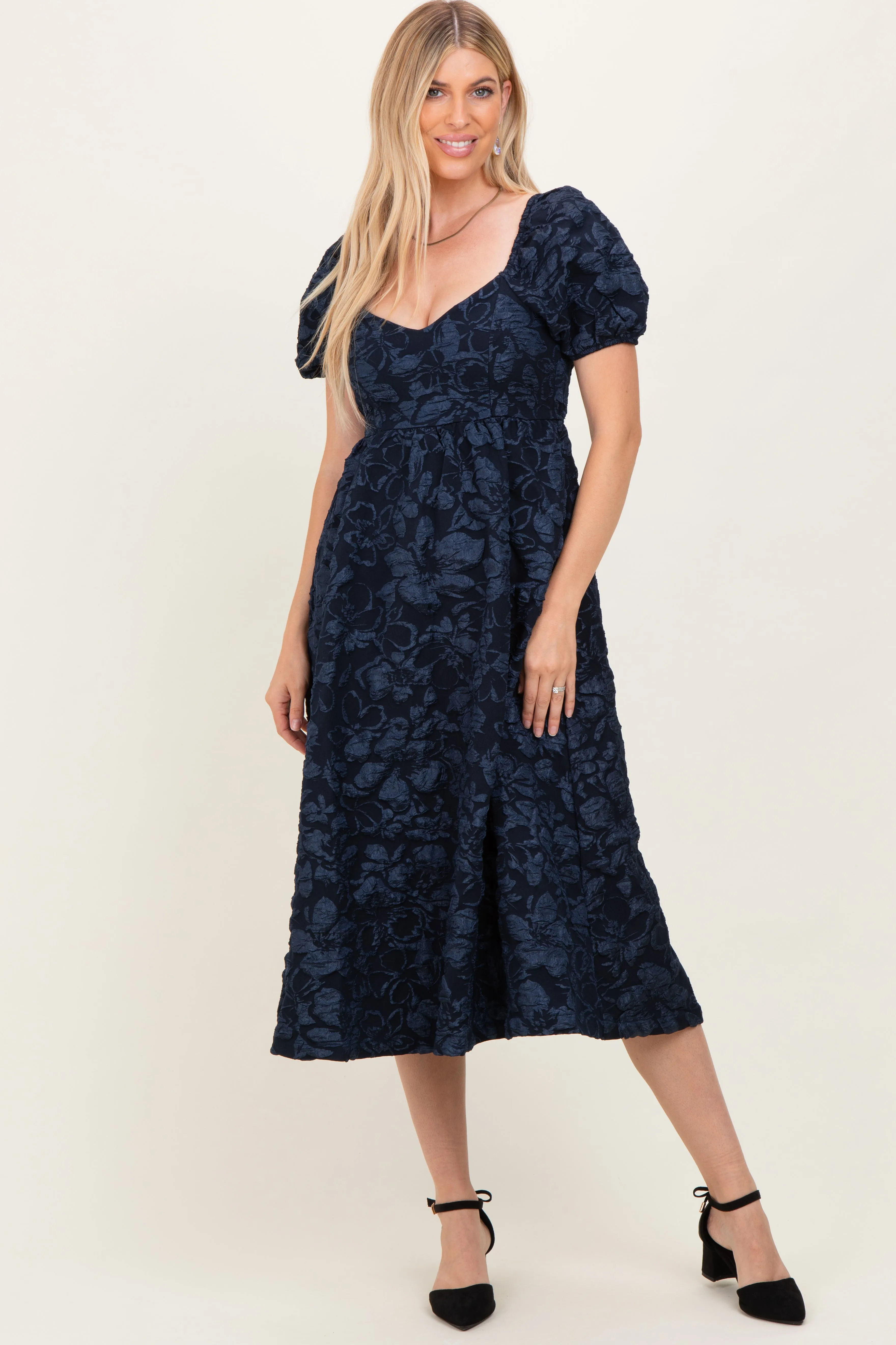 Navy Floral Jacquard Puff Sleeve Midi Dress sold by Pinkblush