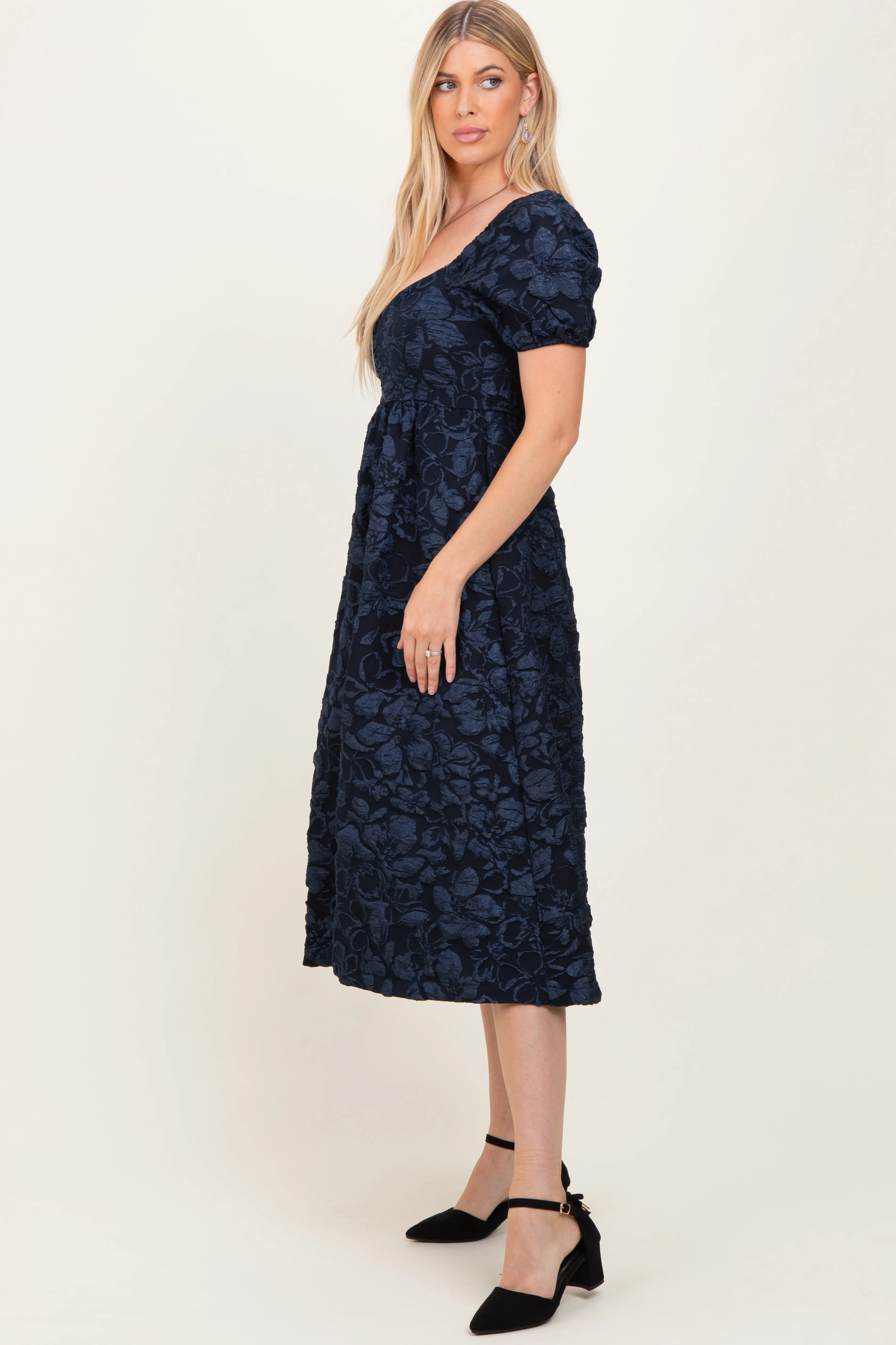Navy Floral Jacquard Puff Sleeve Midi Dress sold by Pinkblush product image thumbnail 2