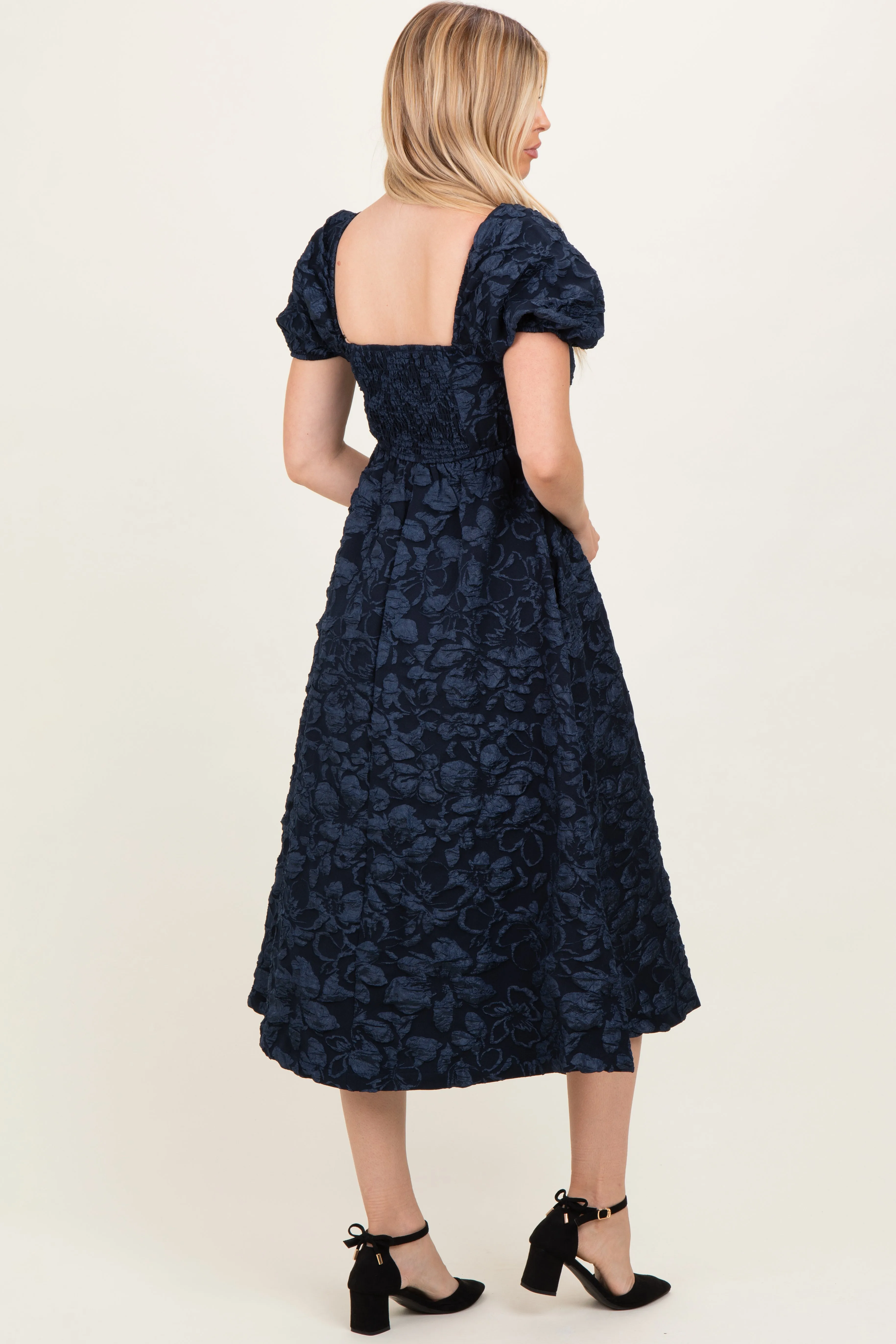 Navy Floral Jacquard Puff Sleeve Midi Dress sold by Pinkblush product image thumbnail 3