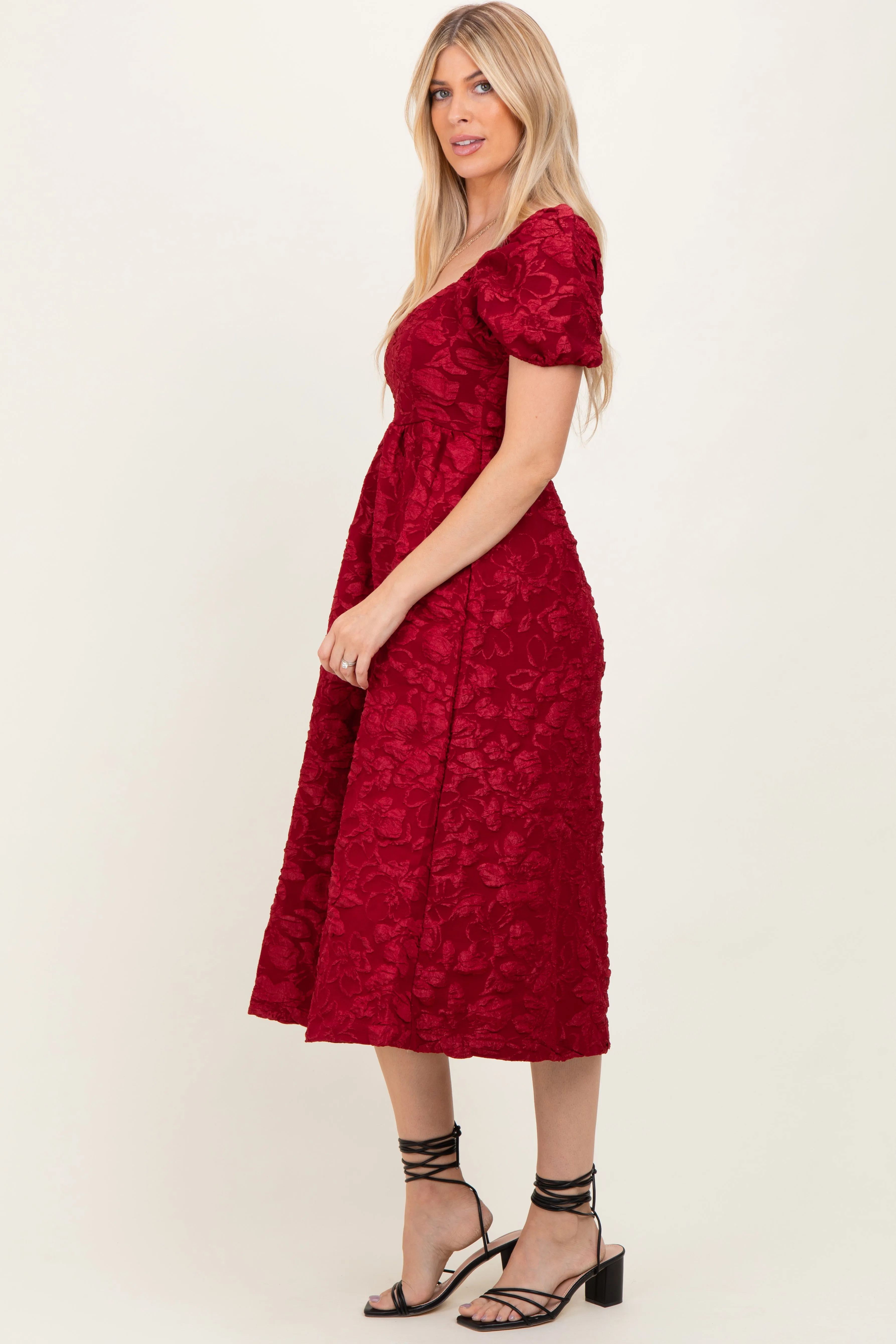 Red Floral Jacquard Puff Sleeve Midi Dress sold by Pinkblush product image thumbnail 3