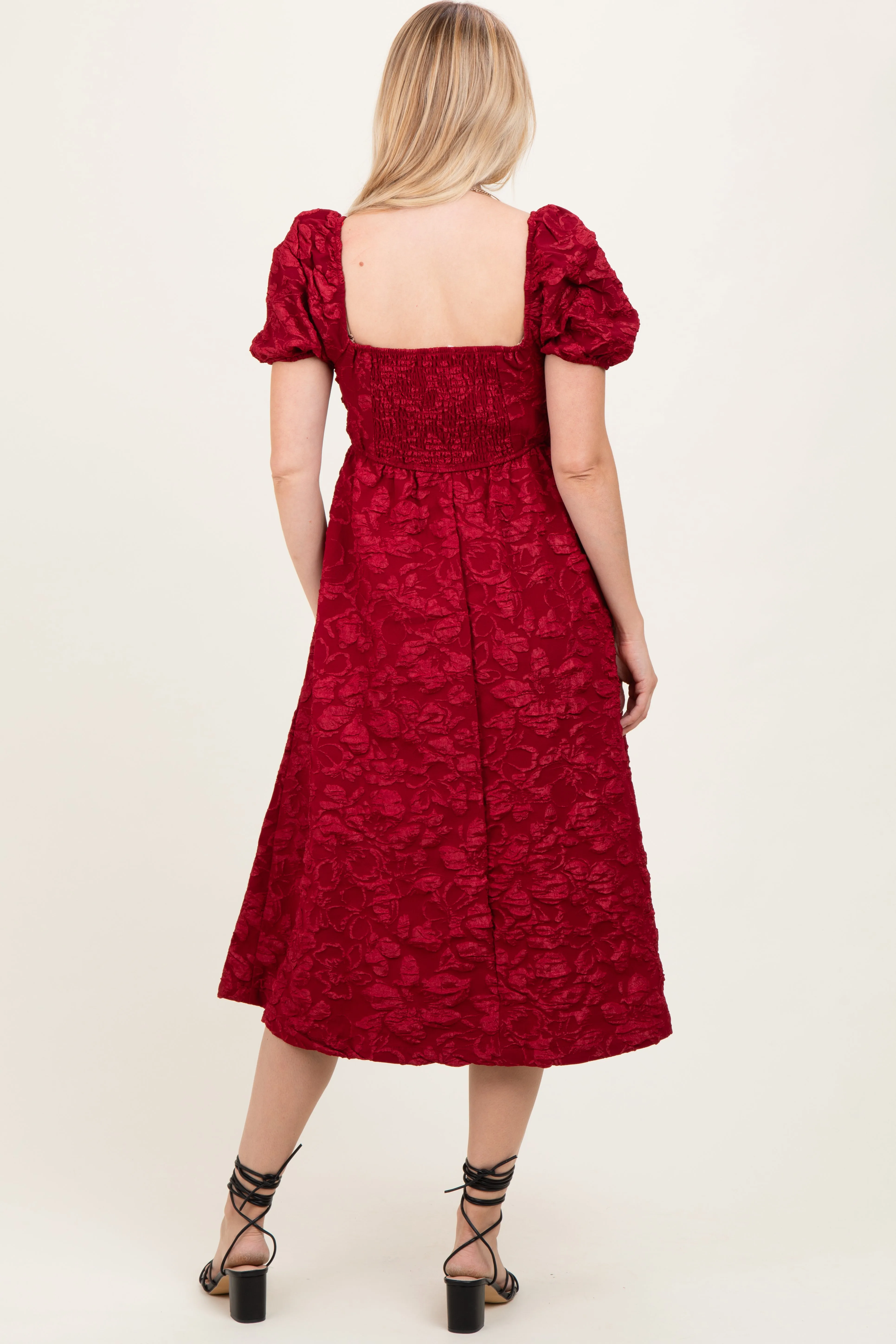 Red Floral Jacquard Puff Sleeve Midi Dress sold by Pinkblush product image thumbnail 4
