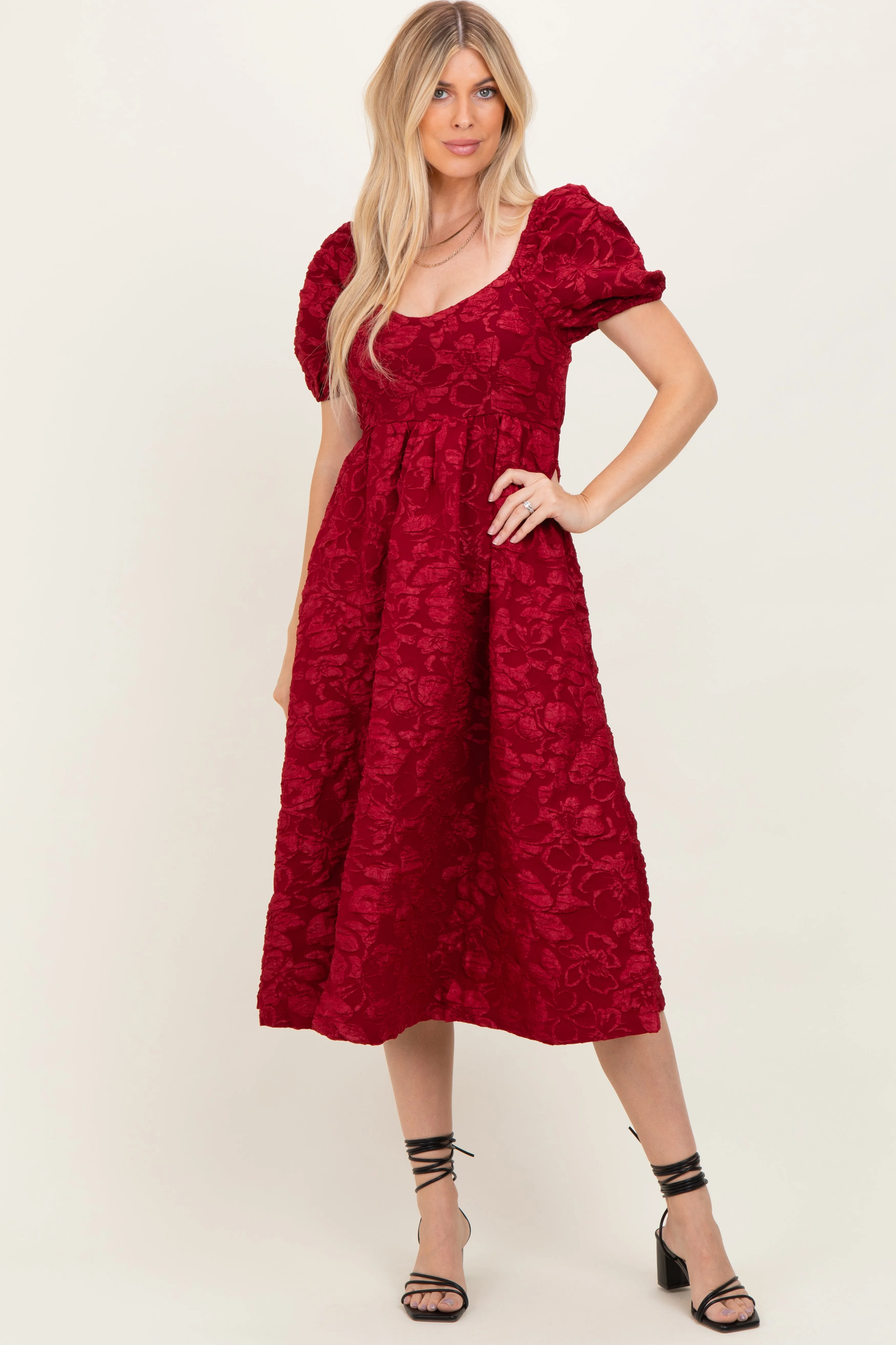 Red Floral Jacquard Puff Sleeve Midi Dress sold by Pinkblush