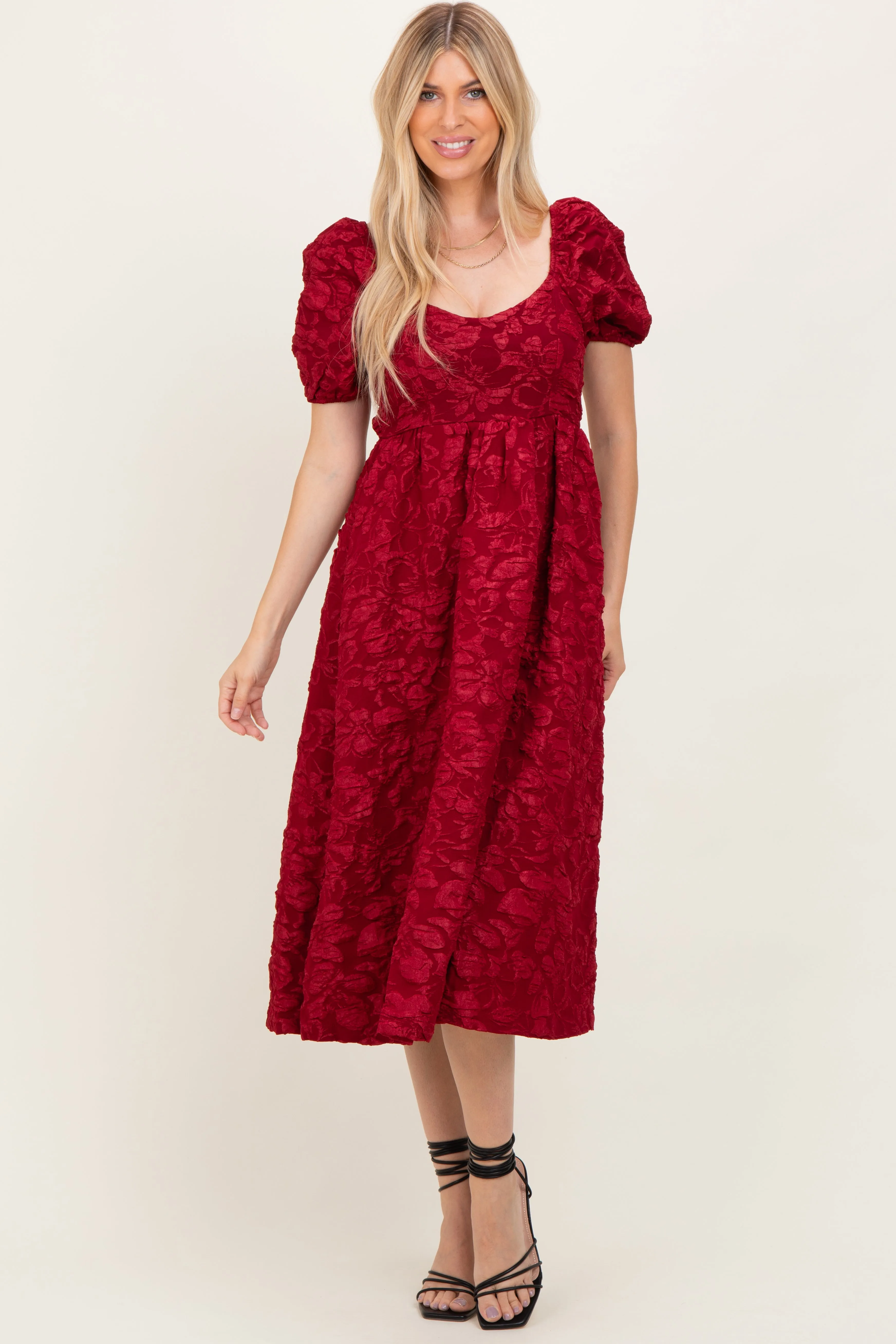 Red Floral Jacquard Puff Sleeve Midi Dress sold by Pinkblush product image thumbnail 2