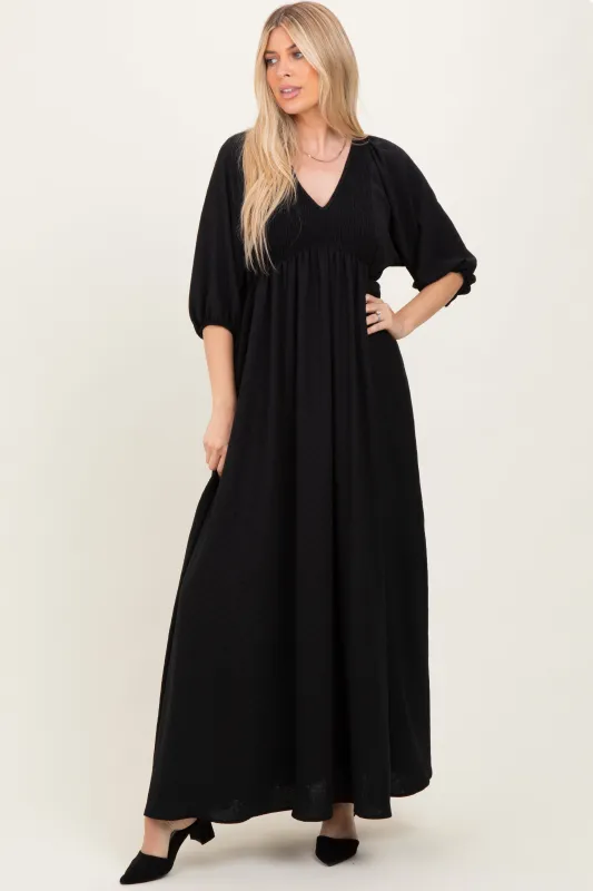 Black Solid 3/4 Sleeve Smocked Top V-Neck Maxi Dress sold by Pinkblush