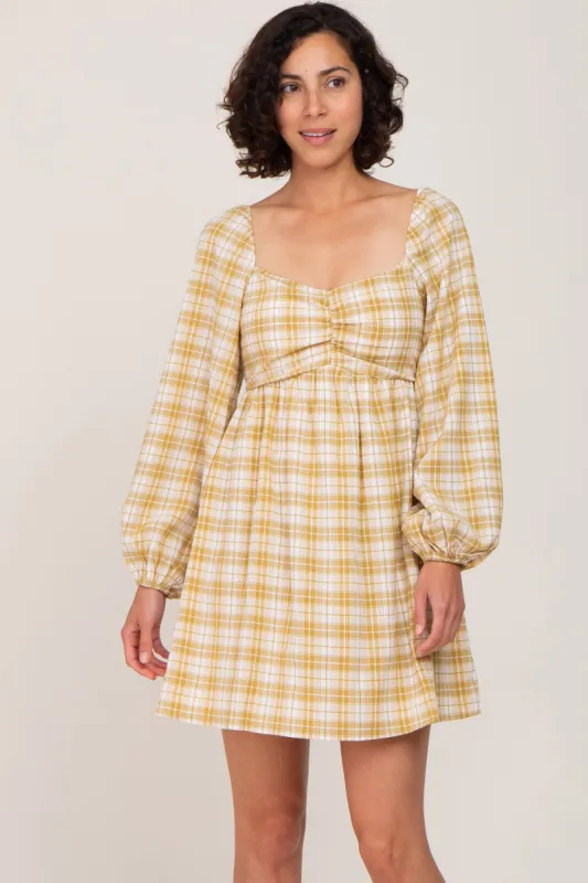 Mustard Plaid Long Sleeve Dress sold by Pinkblush