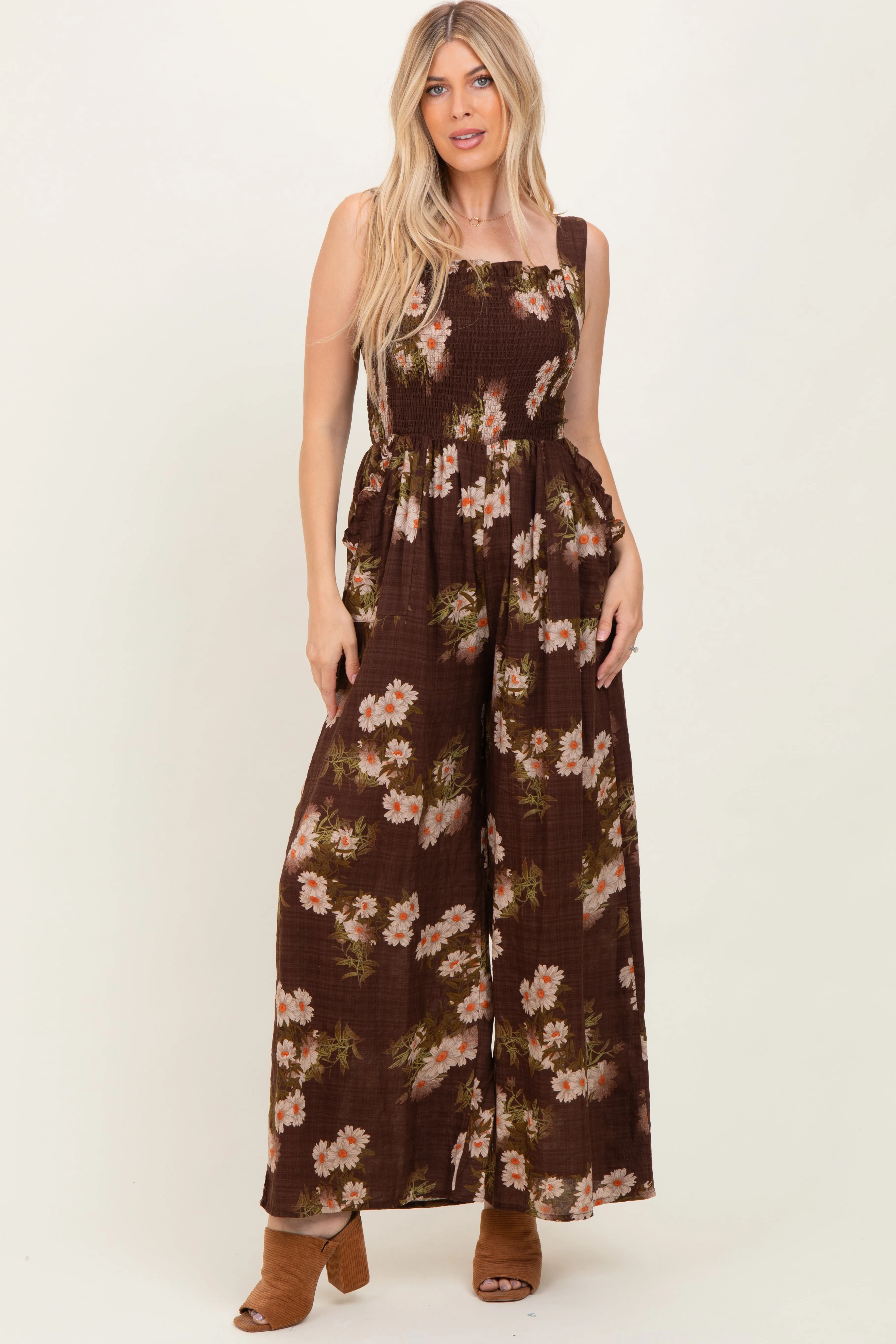 Brown Floral Smocked Maternity Jumpsuit sold by Pinkblush product image thumbnail 4