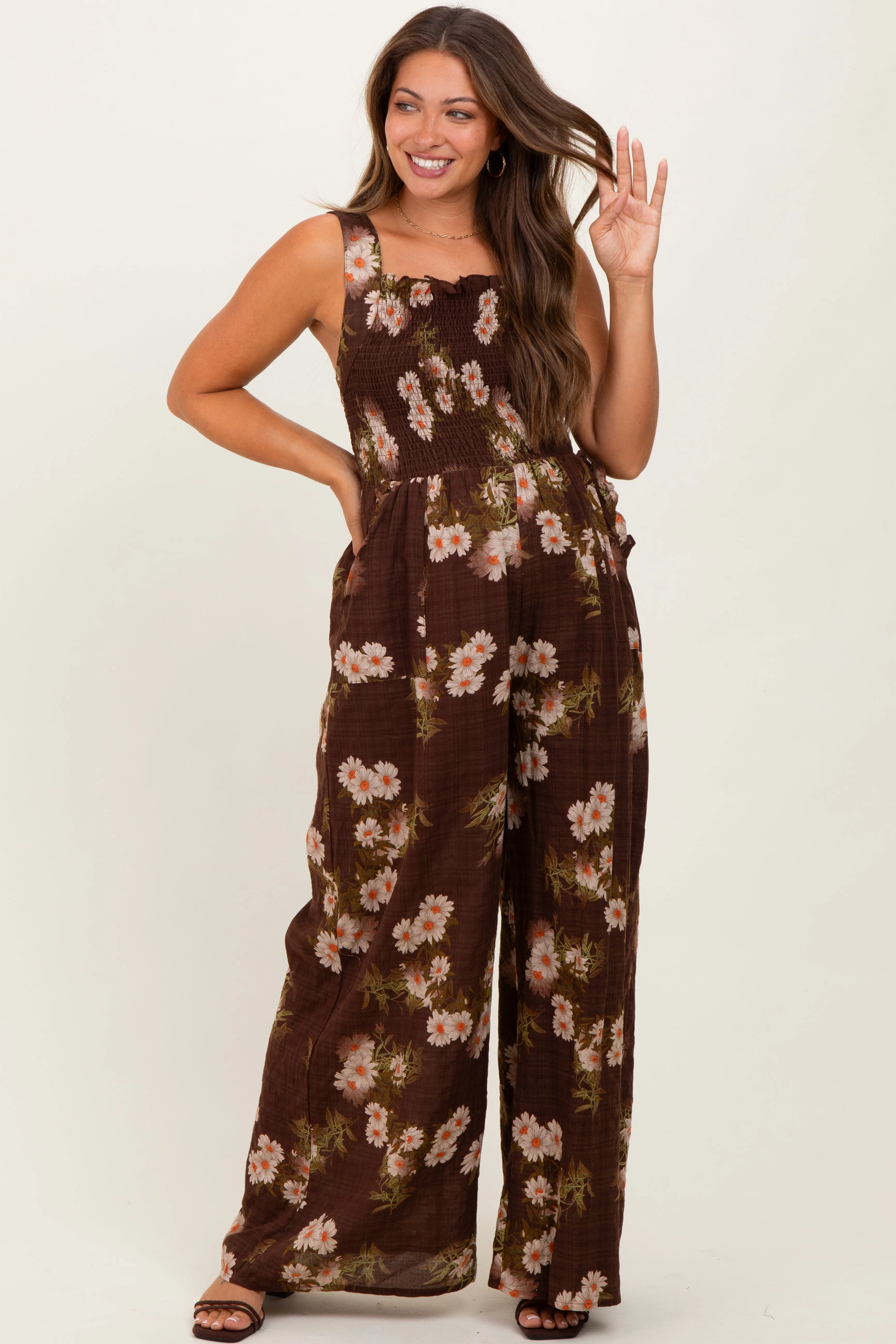 Brown Floral Smocked Maternity Jumpsuit sold by Pinkblush