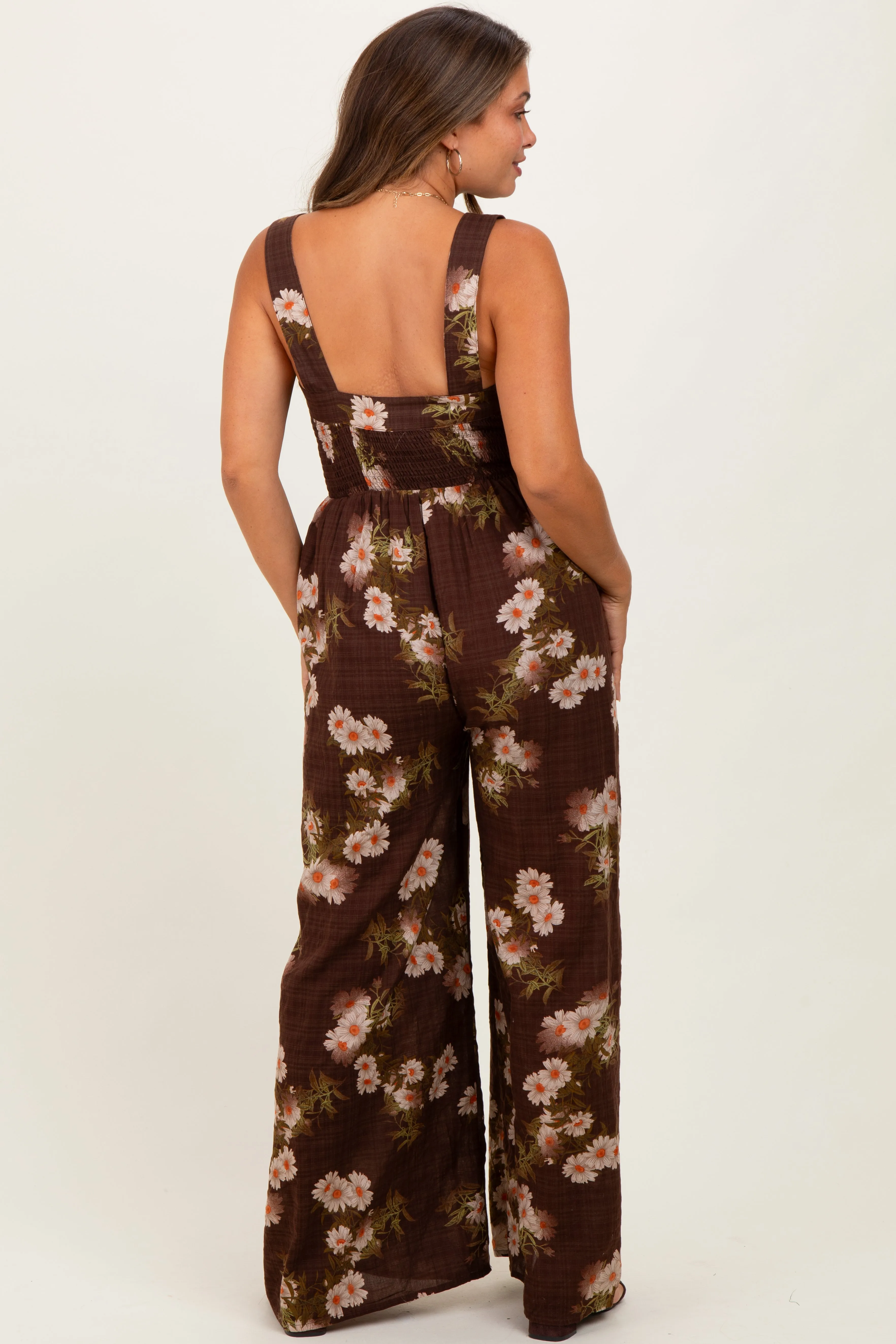 Brown Floral Smocked Maternity Jumpsuit sold by Pinkblush product image thumbnail 3