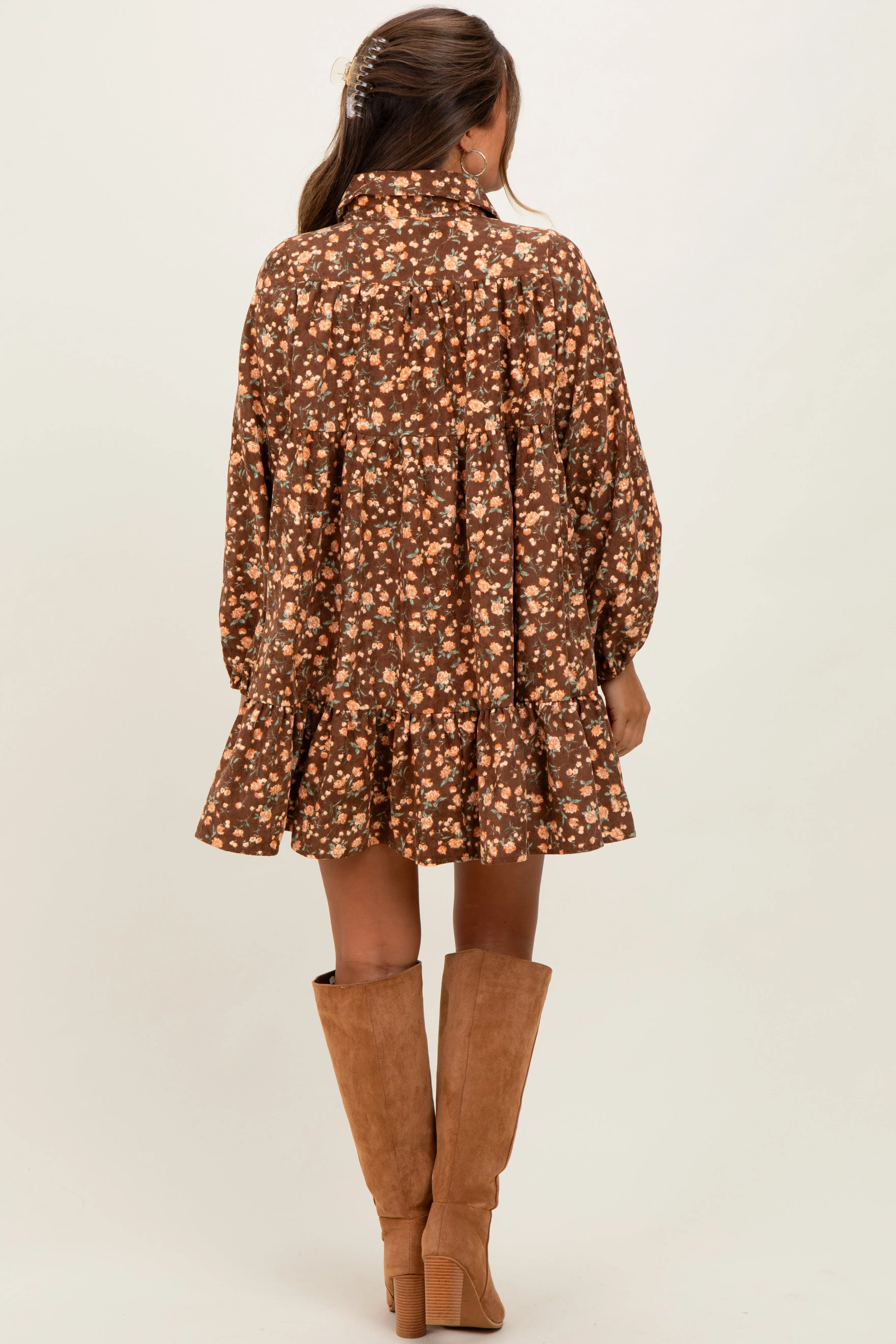 Brown Floral Print Shirring Half Buttoned Maternity Shirt Dress sold by Pinkblush product image thumbnail 2