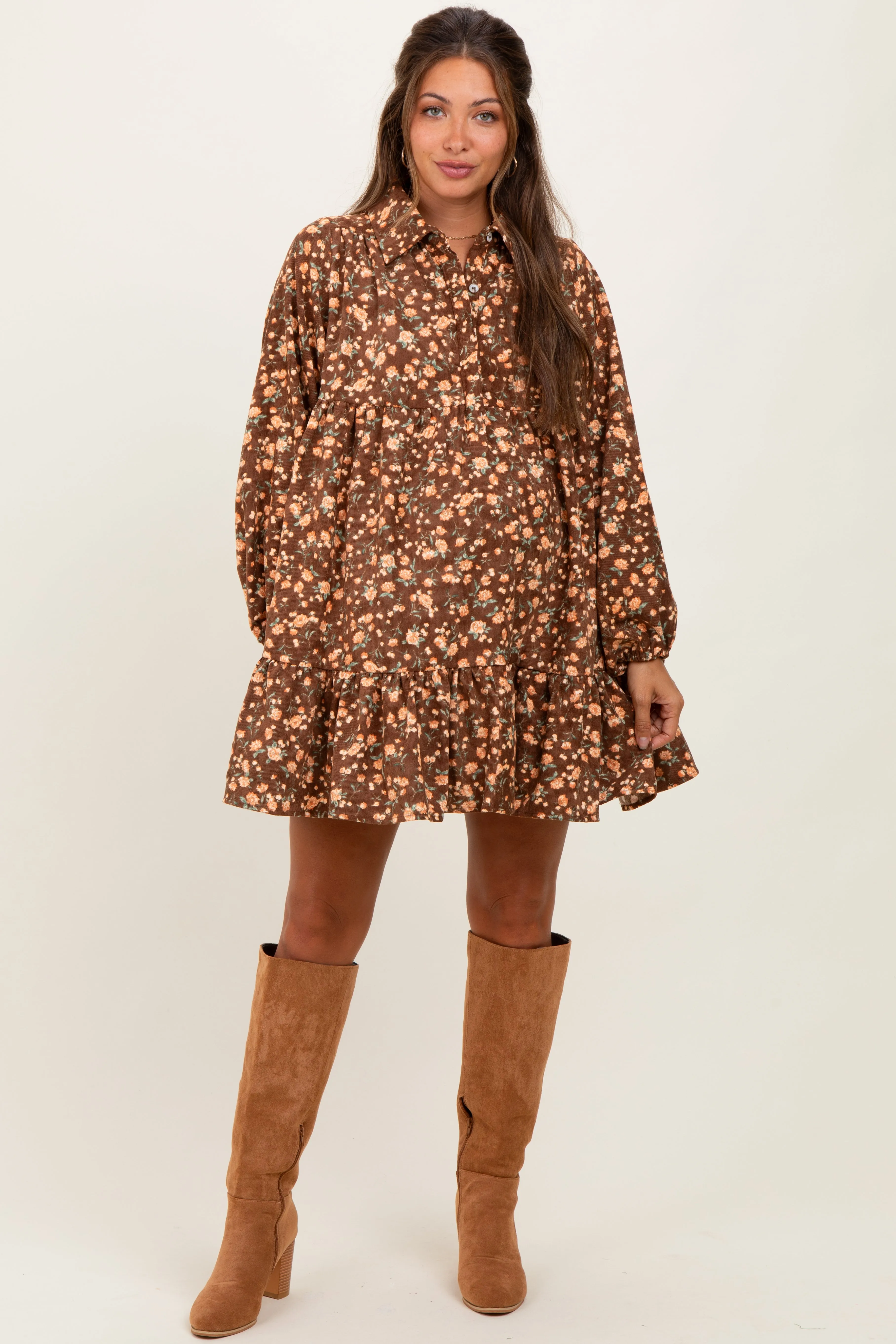 Brown Floral Print Shirring Half Buttoned Maternity Shirt Dress sold by Pinkblush