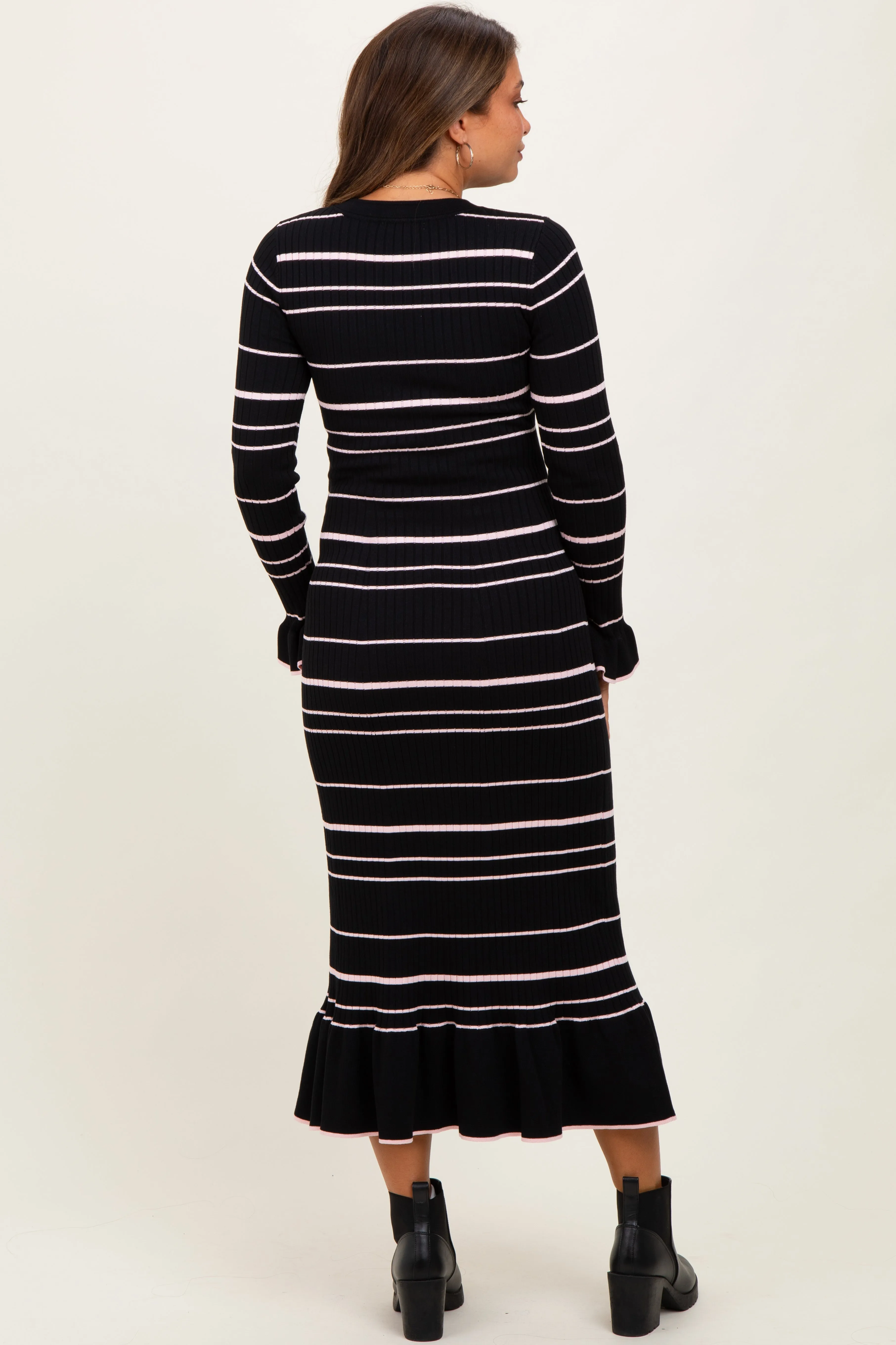 Black Striped Knit Ruffle Hem Button Down Maternity Midi Dress sold by Pinkblush product image thumbnail 4