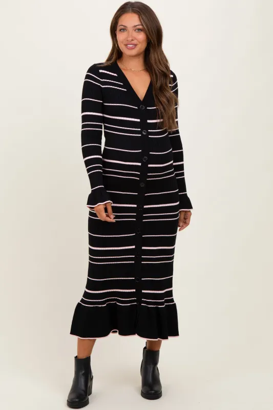 Black Striped Knit Ruffle Hem Button Down Maternity Midi Dress sold by Pinkblush