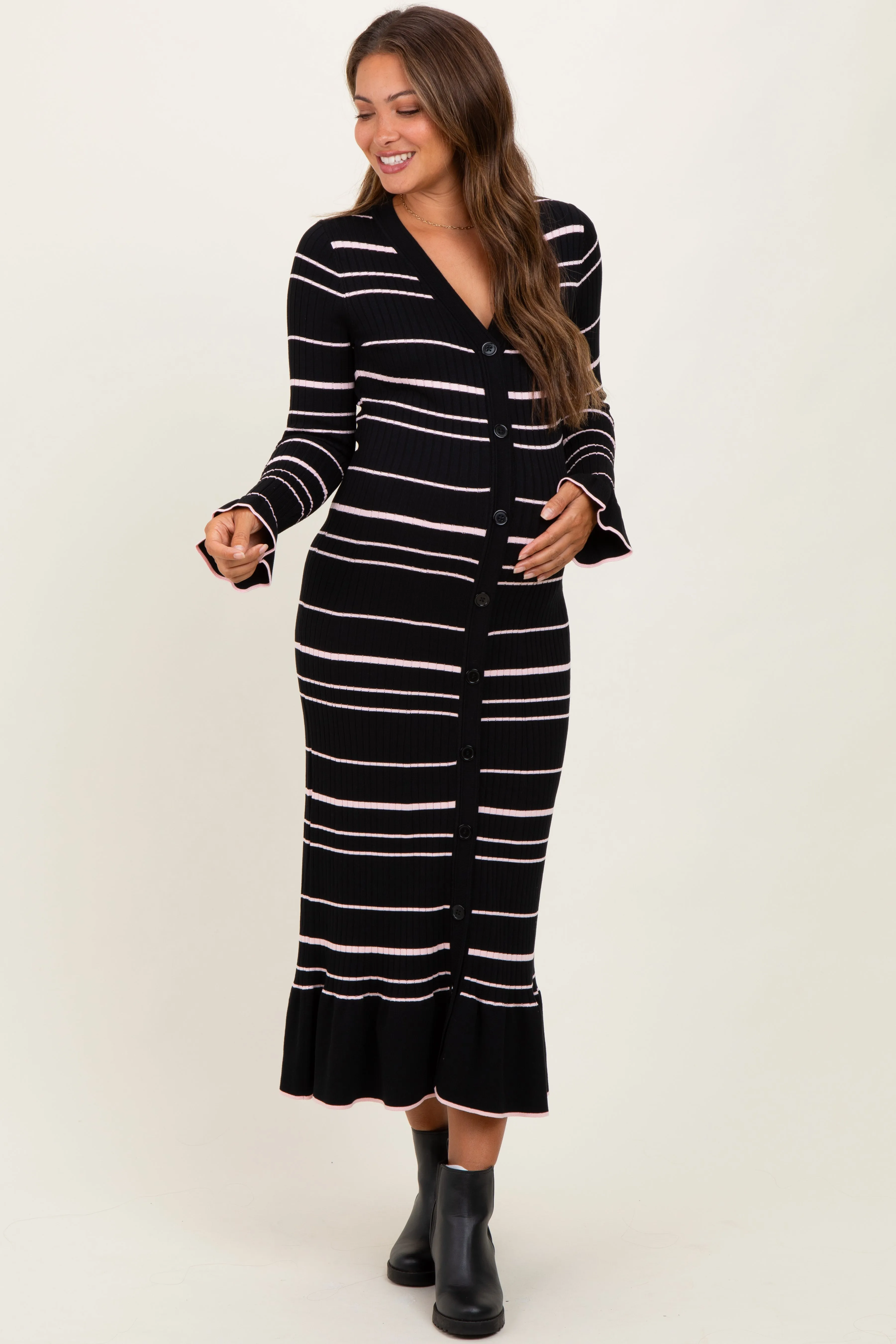 Black Striped Knit Ruffle Hem Button Down Maternity Midi Dress sold by Pinkblush product image thumbnail 2