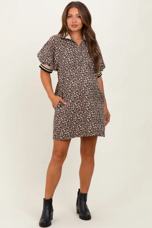 Taupe Animal Print Quarter Zip Puff Sleeve Maternity Mini Dress sold by Pinkblush