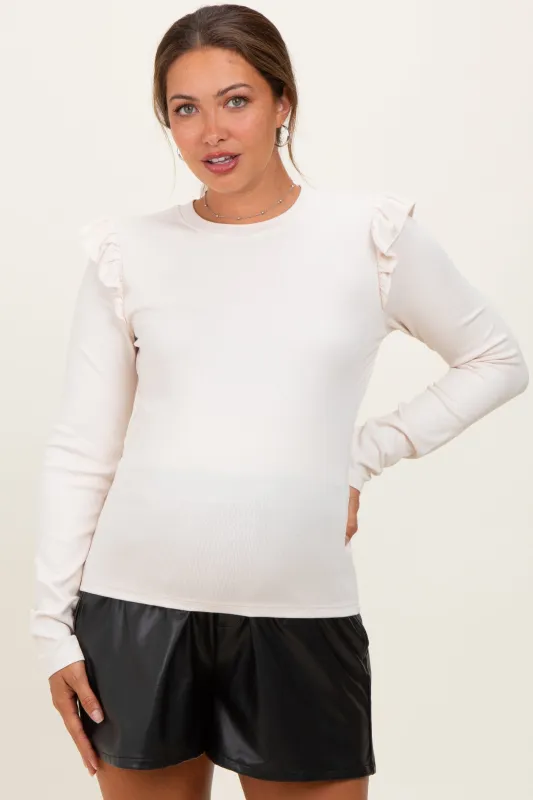 Cream Ribbed Knit Ruffle Detail Maternity Long Sleeve Top sold by Pinkblush