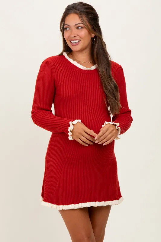 Red Ribbed Knit Contrast Ruffle Trim Maternity Mini Dress sold by Pinkblush