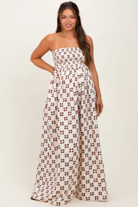 Brown Printed Smocked Wide Leg Maternity Jumpsuit sold by Pinkblush