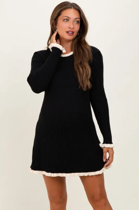 Black Ribbed Knit Contrast Ruffle Trim Maternity Mini Dress sold by Pinkblush