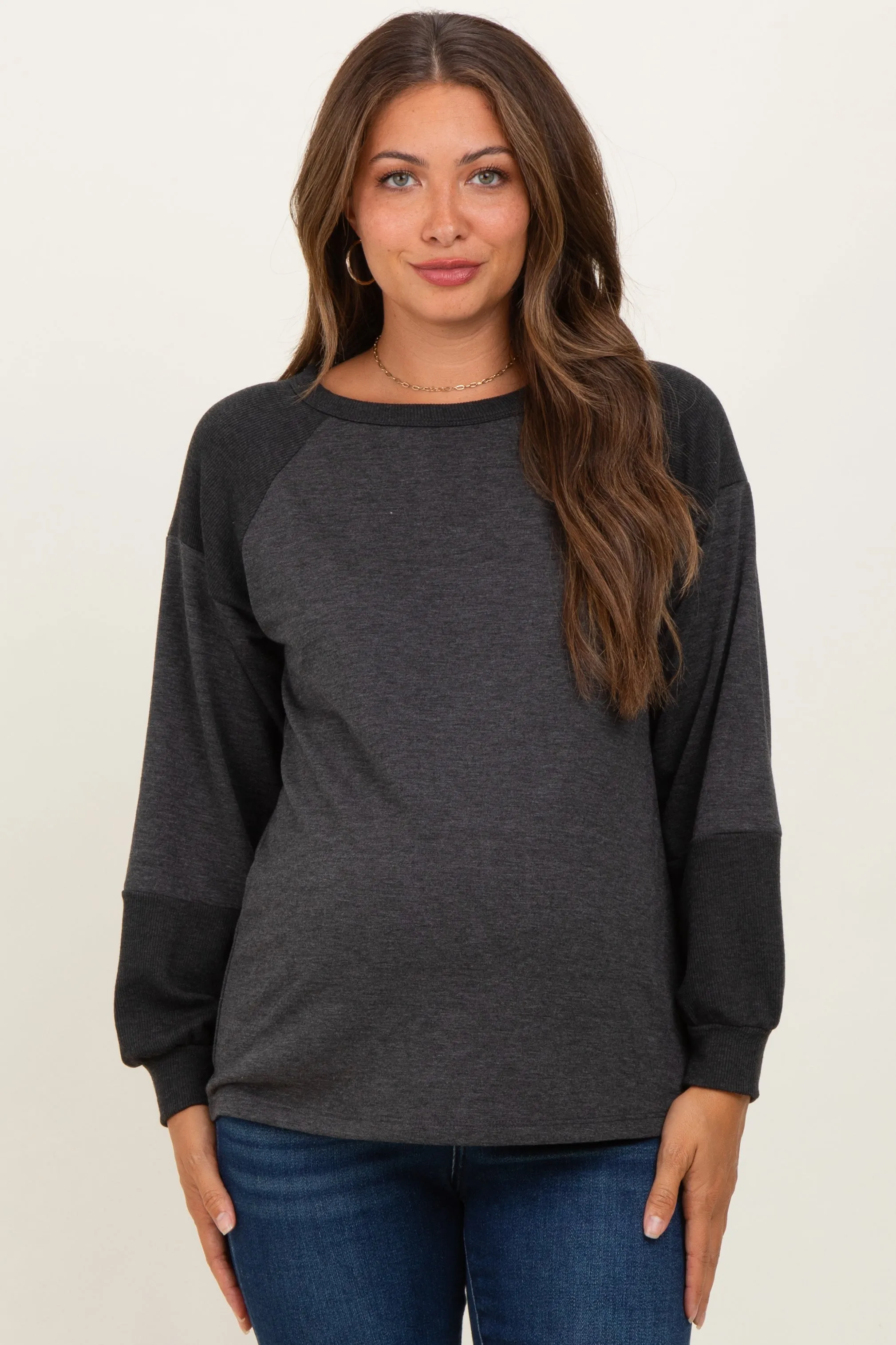 Charcoal Ribbed Bubble Sleeve Maternity Top sold by Pinkblush