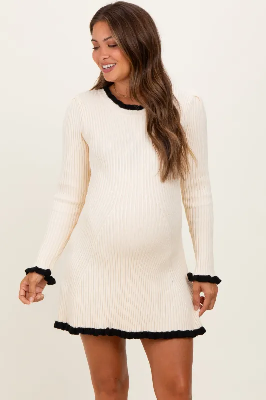Ivory Ribbed Knit Contrast Ruffle Trim Maternity Mini Dress sold by Pinkblush