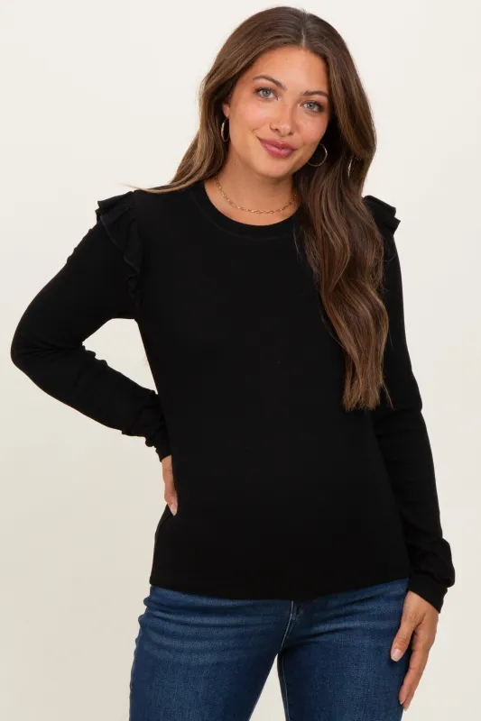 Black Ribbed Knit Ruffle Detail Maternity Long Sleeve Top sold by Pinkblush