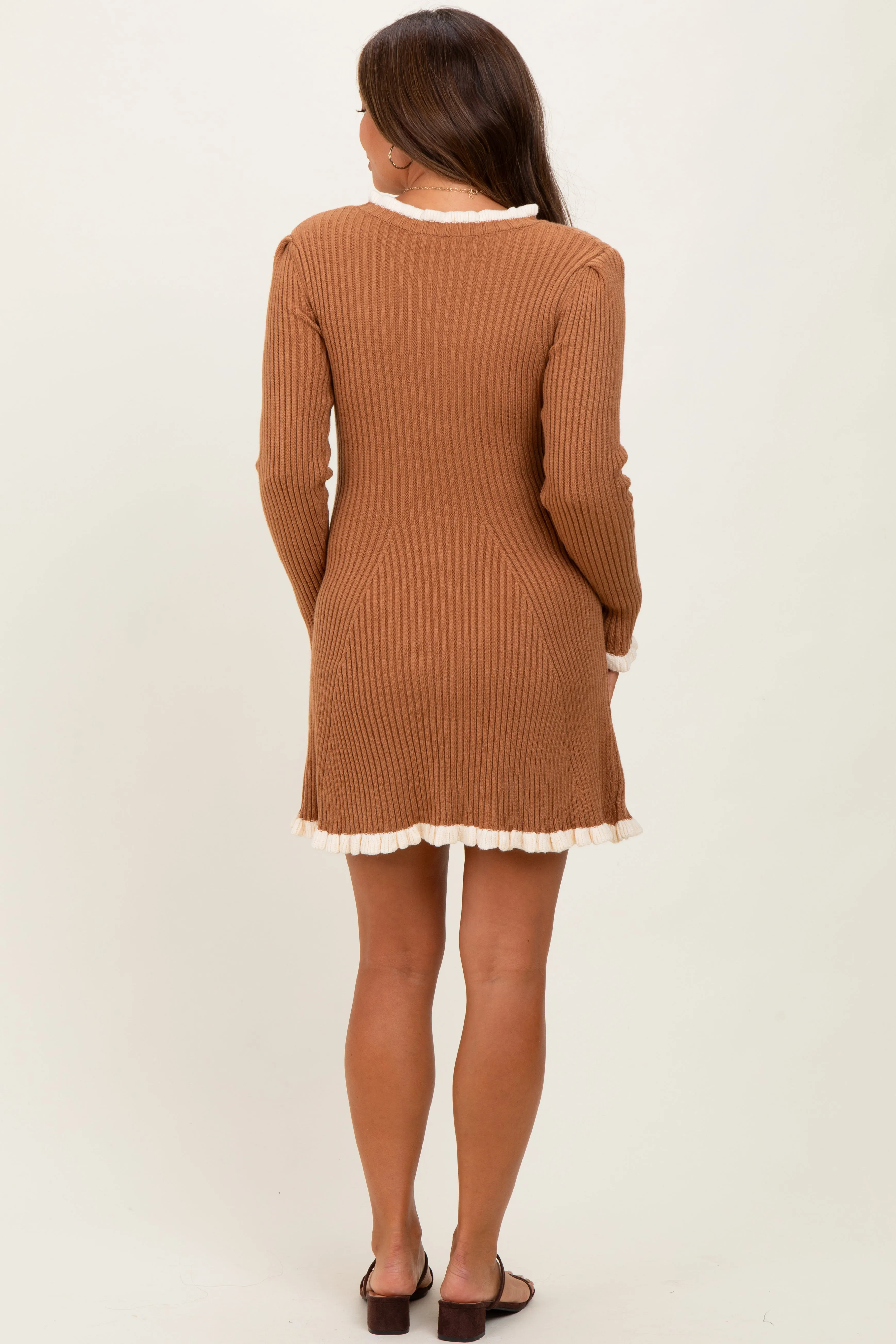 Camel Ribbed Knit Contrast Ruffle Trim Maternity Mini Dress sold by Pinkblush product image thumbnail 4
