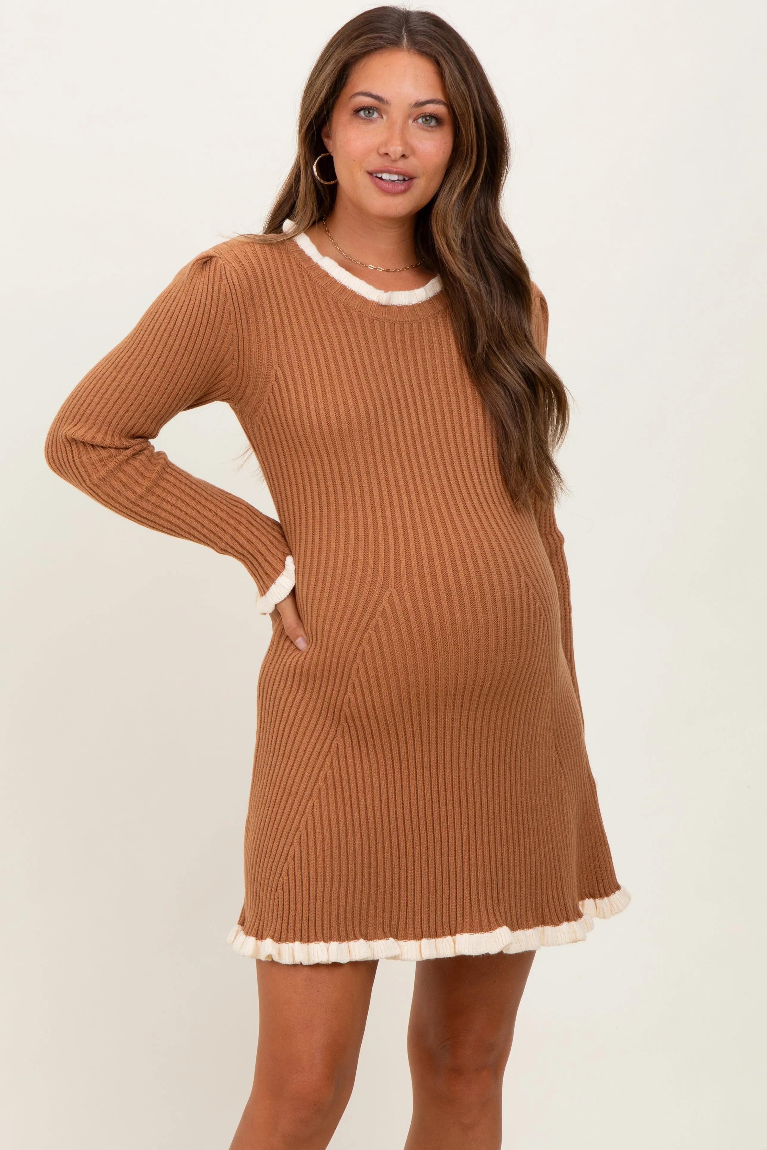 Camel Ribbed Knit Contrast Ruffle Trim Maternity Mini Dress sold by Pinkblush