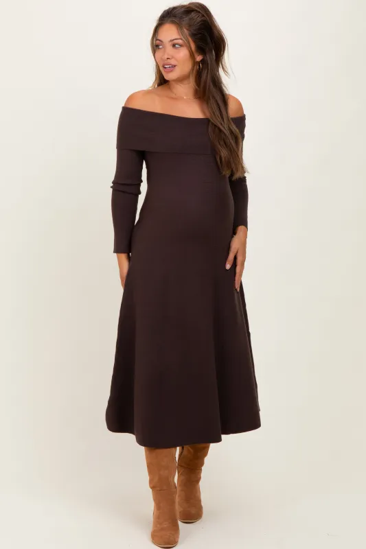 Brown Off Shoulder Maternity Sweater Midi Dress sold by Pinkblush