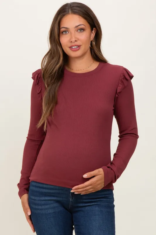Burgundy Ribbed Knit Ruffle Detail Maternity Long Sleeve Top sold by Pinkblush