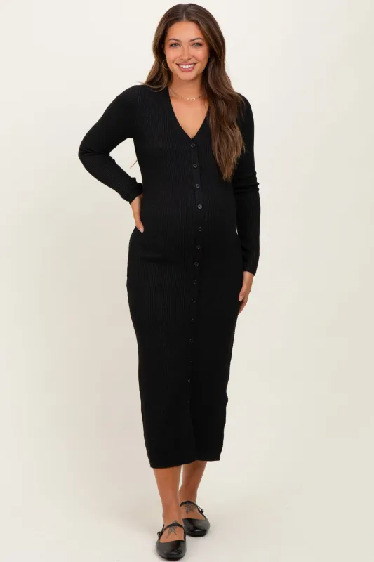Black Ribbed Knit Button Down Long Sleeve Maternity Midi Dress sold by Pinkblush