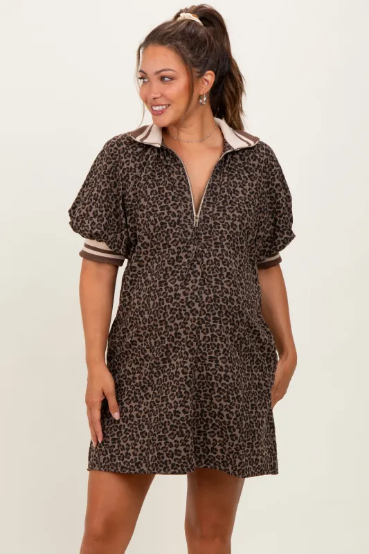 Mocha Animal Print Quarter Zip Puff Sleeve Maternity Mini Dress sold by Pinkblush