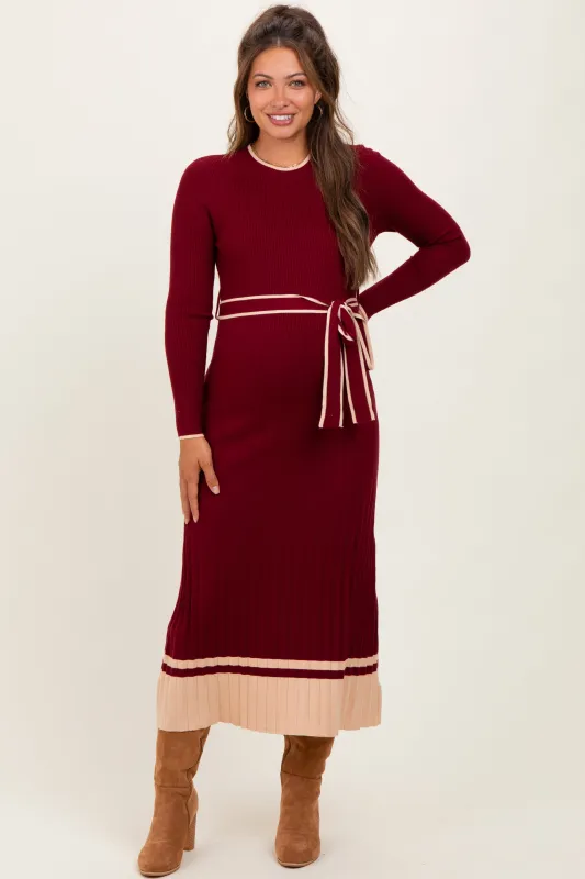 Burgundy Elegant Ribbed Midi Sweater Dress With Belt sold by Pinkblush