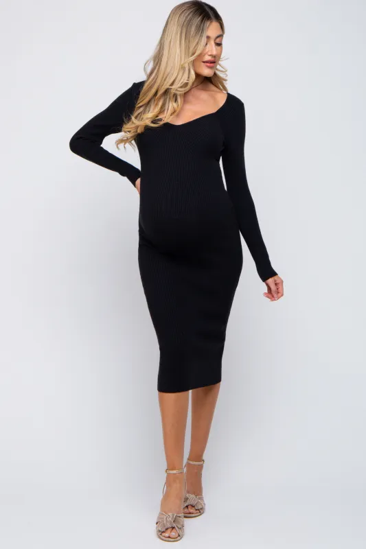 Black Ribbed Long Sleeve Maternity Midi Dress sold by Pinkblush