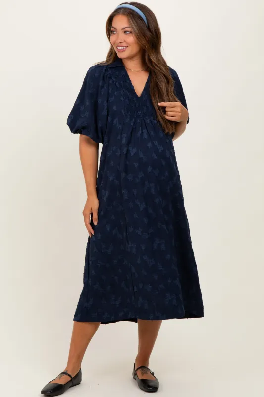 Navy Jacquard Texture V-Neck Maternity Midi Dress sold by Pinkblush