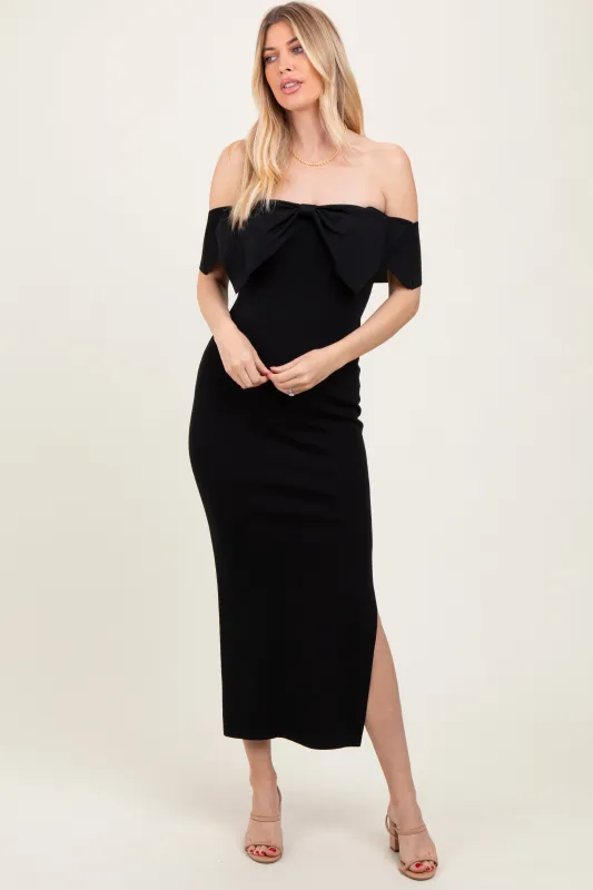 Black Bow Detail Off Shoulder Side Slit Midi Dress sold by Pinkblush