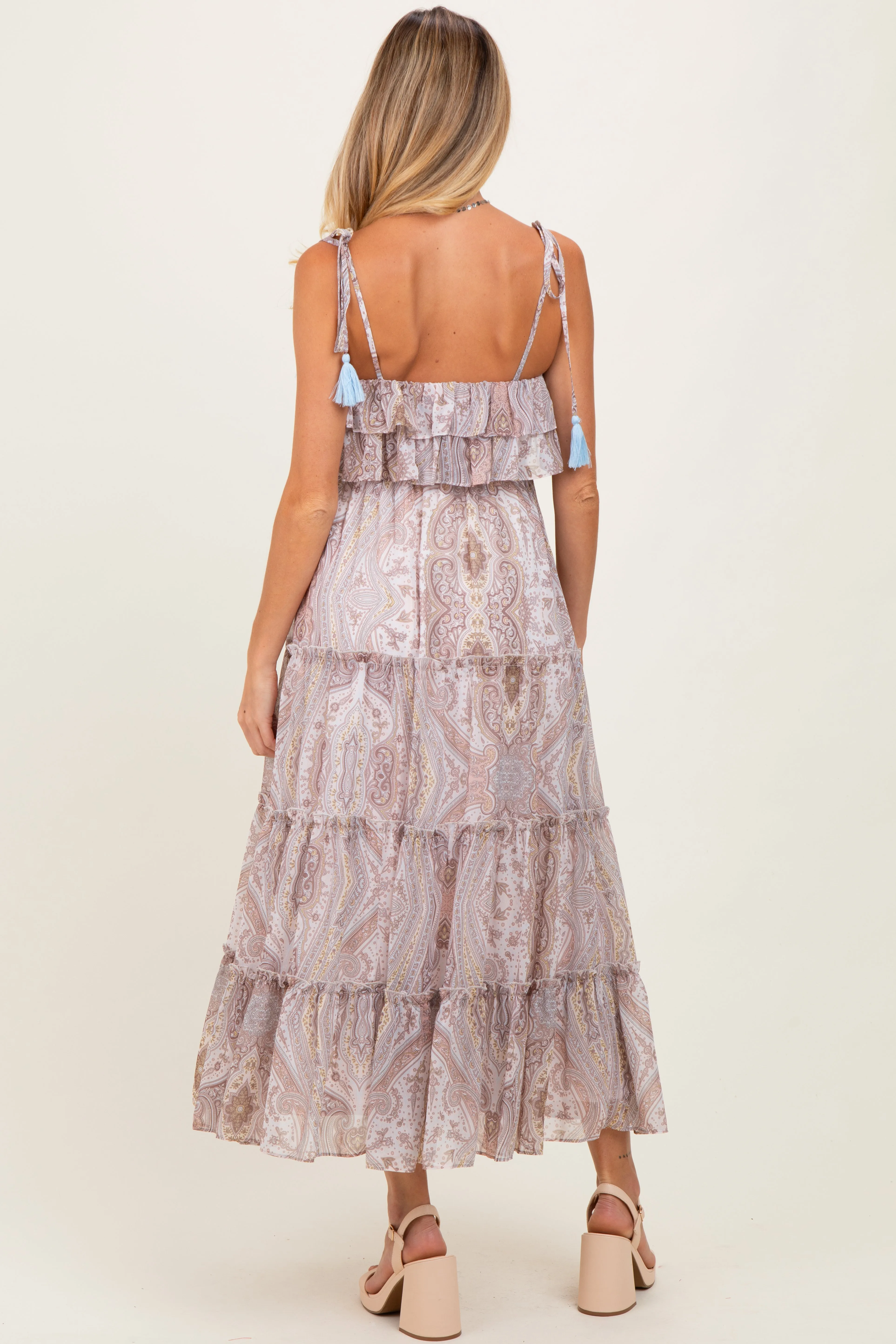 Beige Paisley Ruffle Tiered Shoulder Tie Maternity Maxi Dress sold by Pinkblush product image thumbnail 4