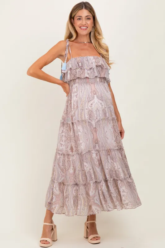 Beige Paisley Ruffle Tiered Shoulder Tie Maternity Maxi Dress sold by Pinkblush