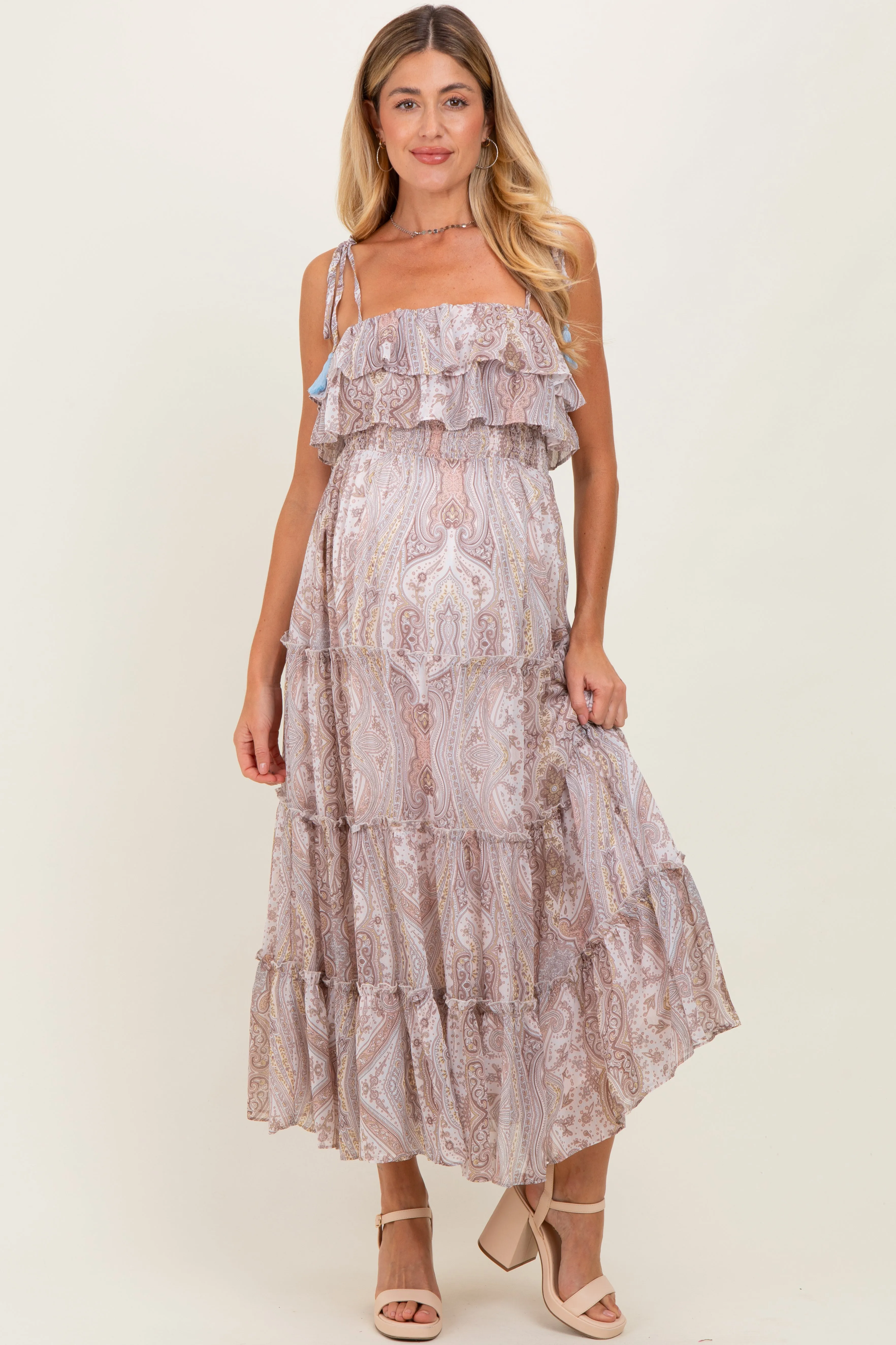 Beige Paisley Ruffle Tiered Shoulder Tie Maternity Maxi Dress sold by Pinkblush product image thumbnail 2