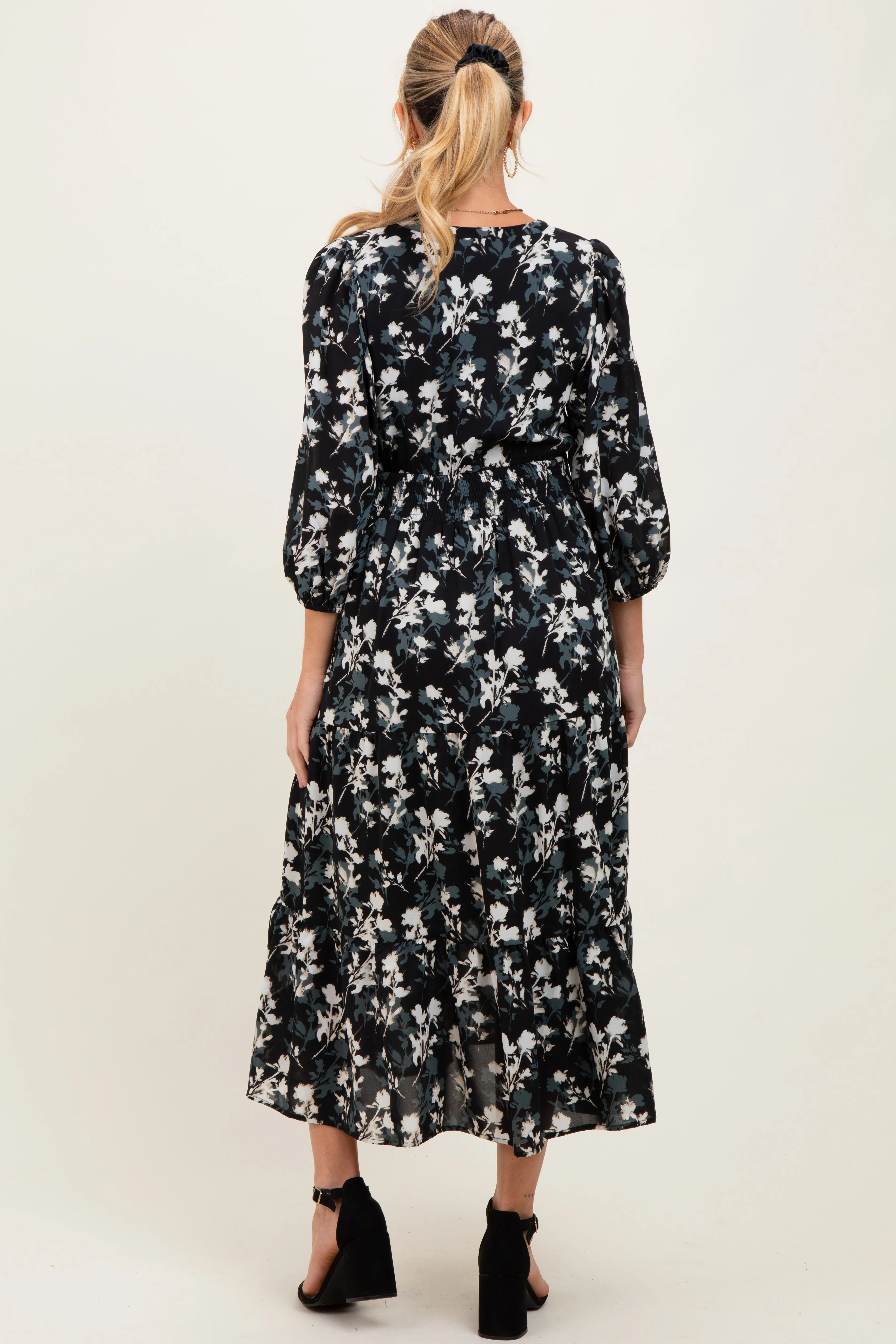Black Floral Button Front V-Neck Maternity Midi Dress sold by Pinkblush product image thumbnail 2