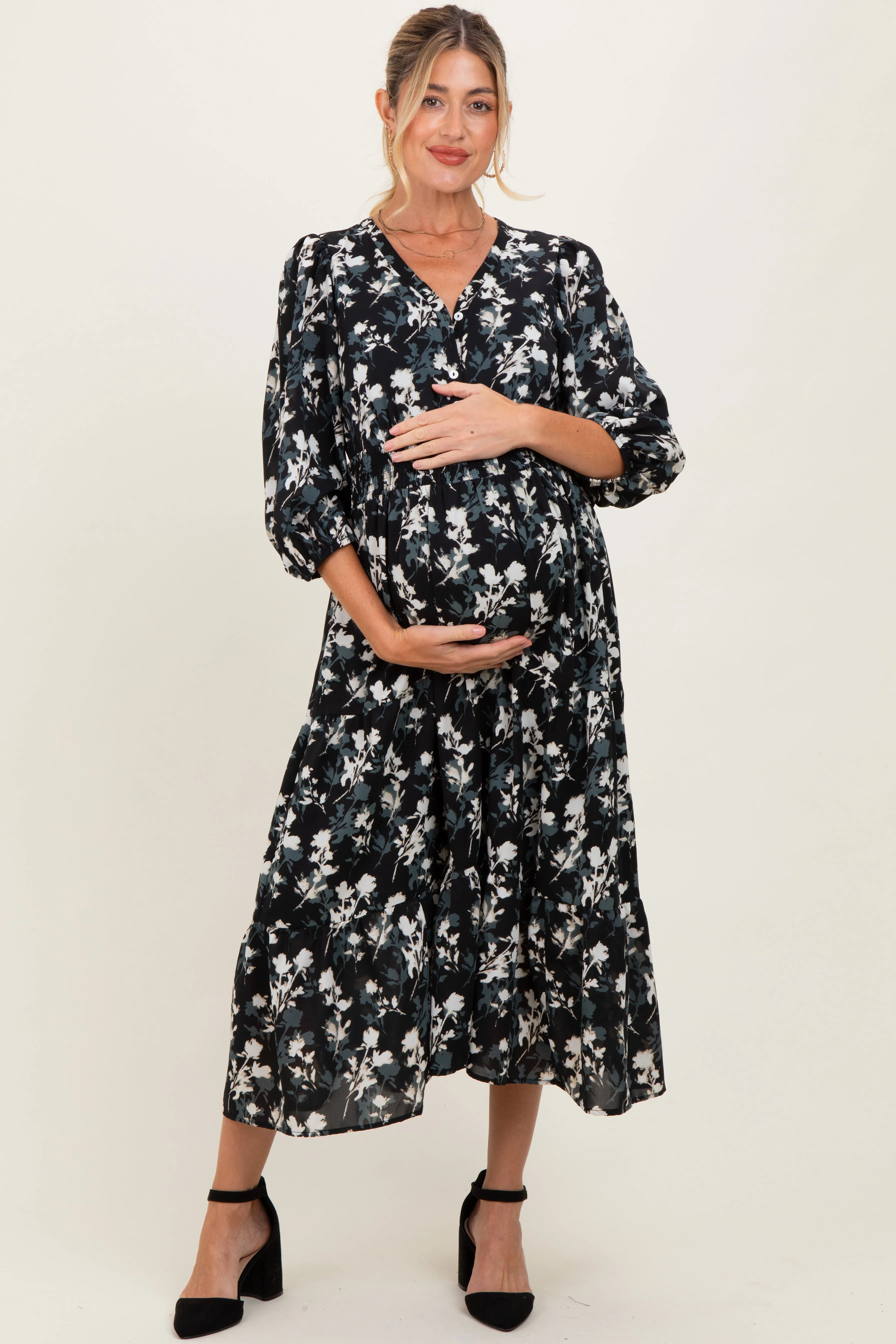 Black Floral Button Front V-Neck Maternity Midi Dress sold by Pinkblush