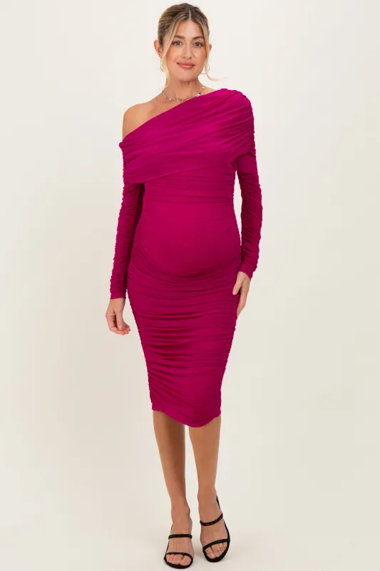 Magenta Ruched Mesh Off Shoulder Long Sleeve Maternity Midi Dress sold by Pinkblush